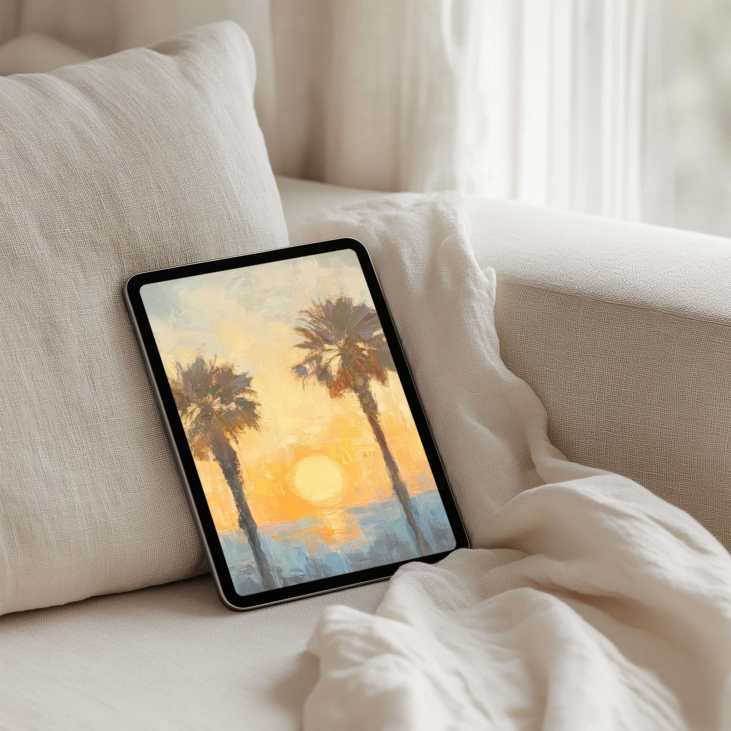 Serene sunset with palm trees iPad background for instant download, perfect for tablet ambiance, inspiring calm and elegance