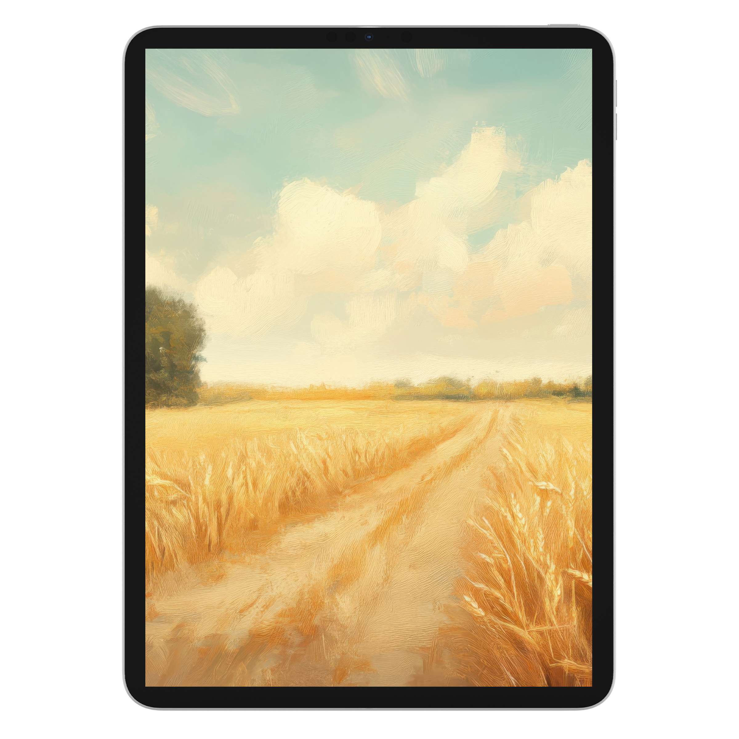 Warm, serene wheat field digital download for summer iPad wallpaper, offering a calming oil-painted background for tablets