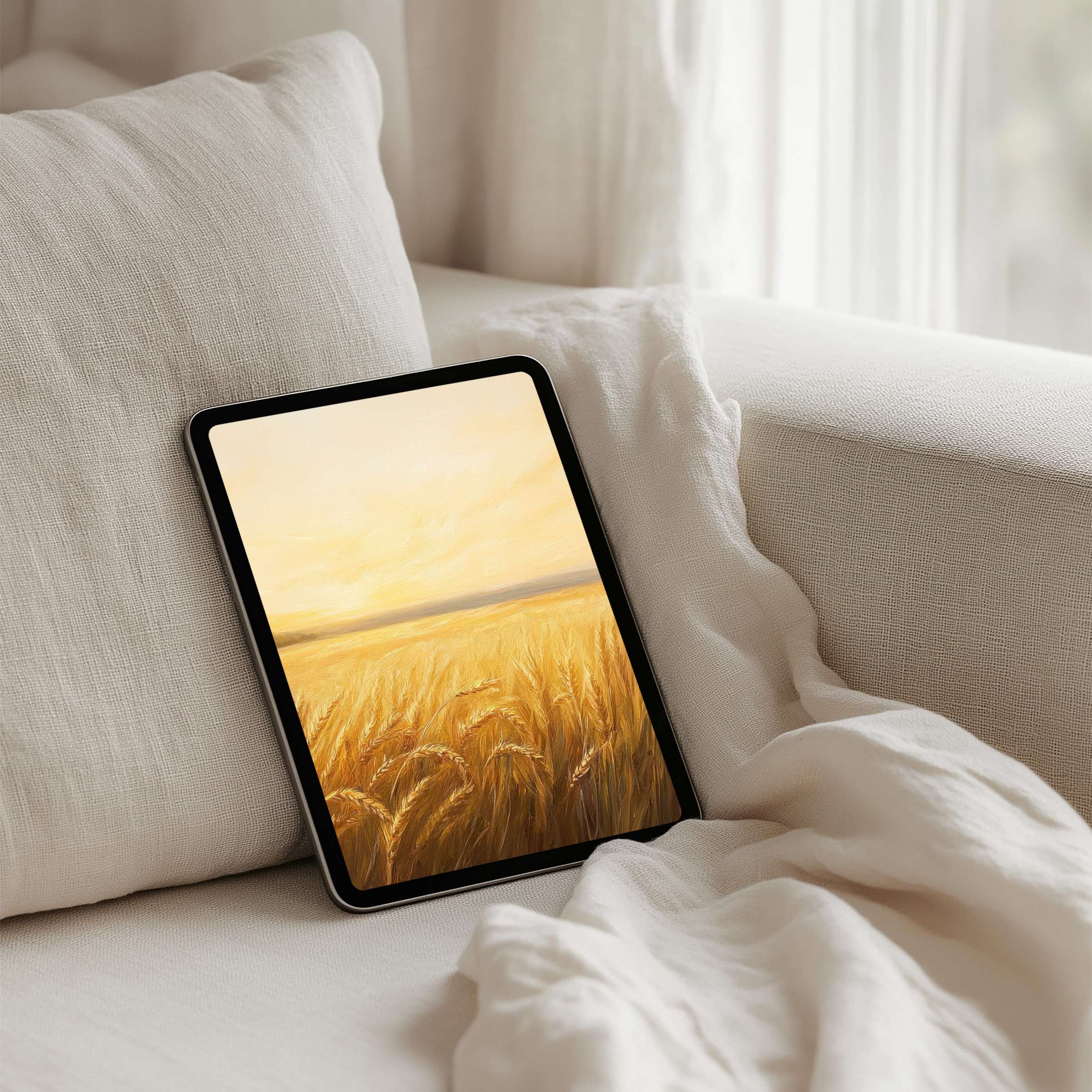 Elegant iPad background featuring a serene wheat field painting in warm tones for instant download on any tablet inspiring calm