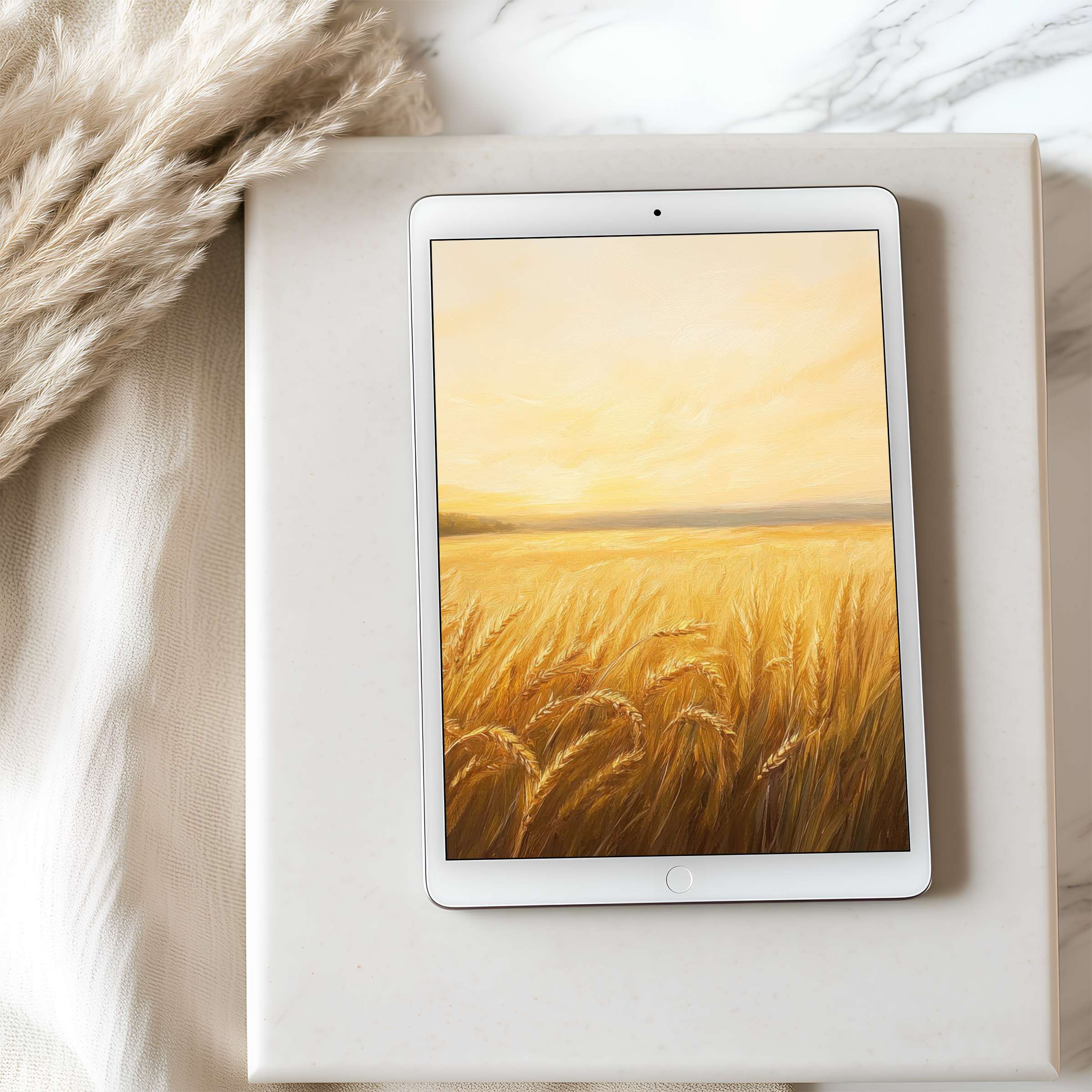 Serene tablet wallpaper featuring a golden wheat field under a soft sky perfect for iPad and Android downloads in high resolution