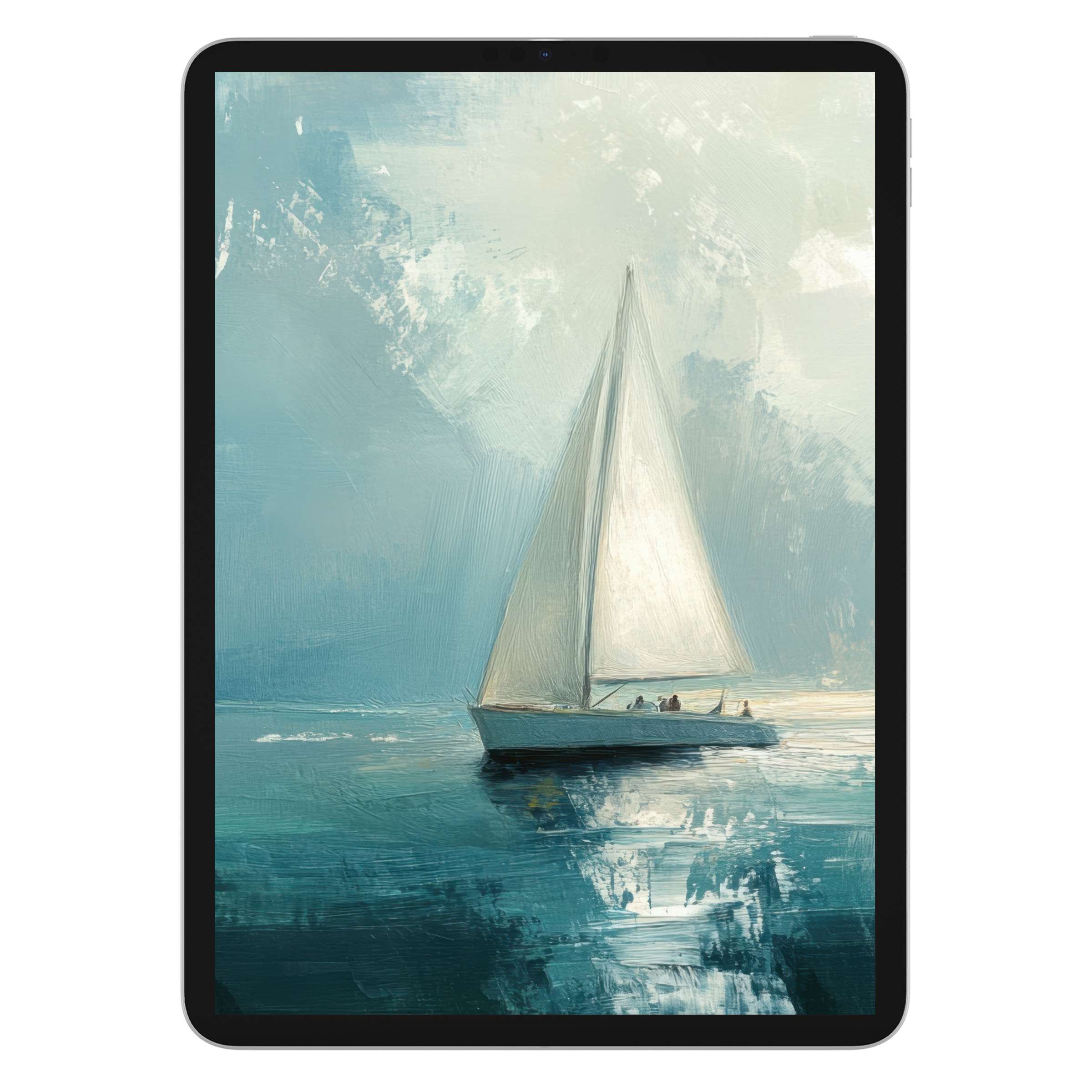 Summer iPad wallpaper showcasing a serene sailboat in calming blue tones, ideal digital download for elegant tablet backgrounds