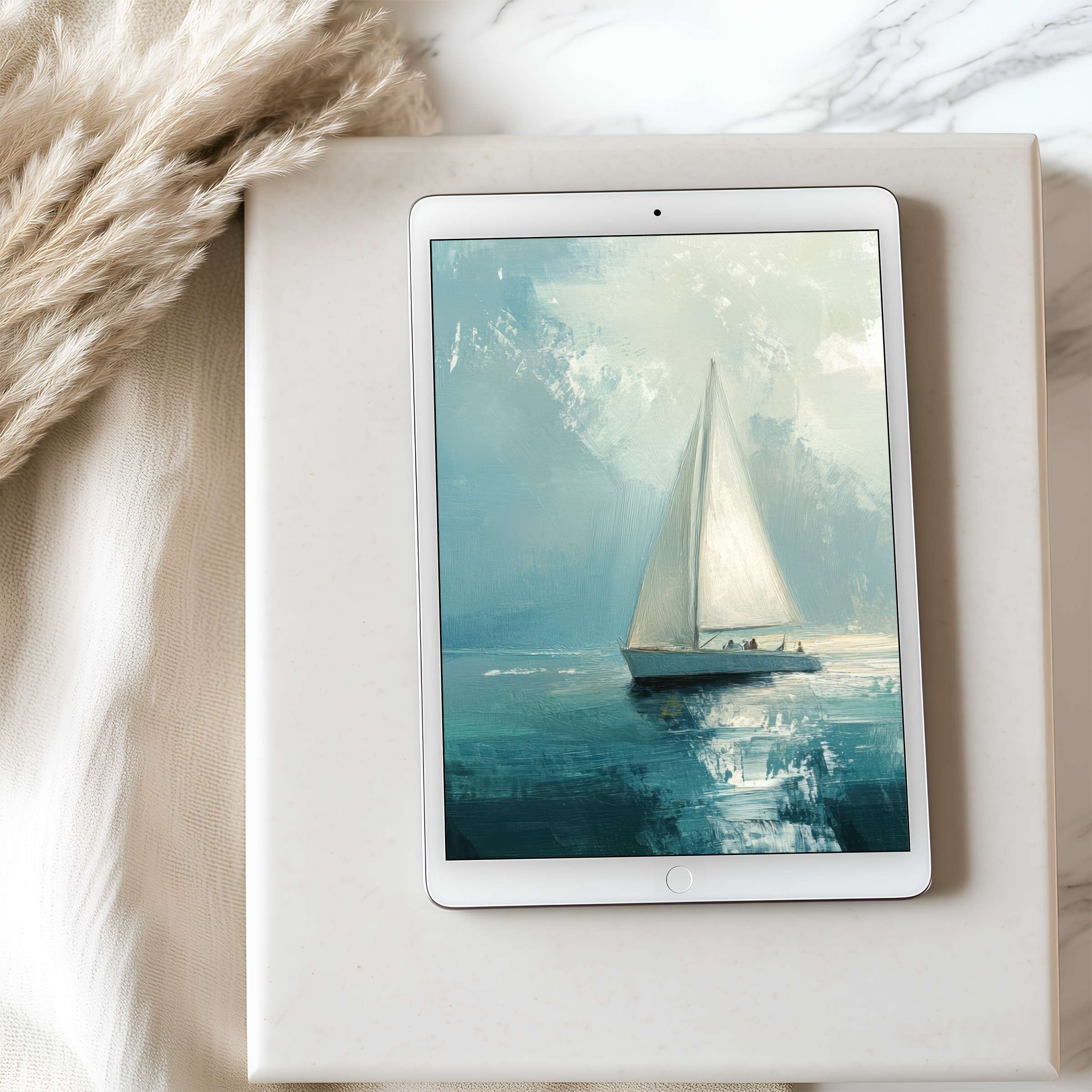 Sailboat painting in serene blues sets an elegant iPad tablet wallpaper for a tranquil and sustainable digital download experience