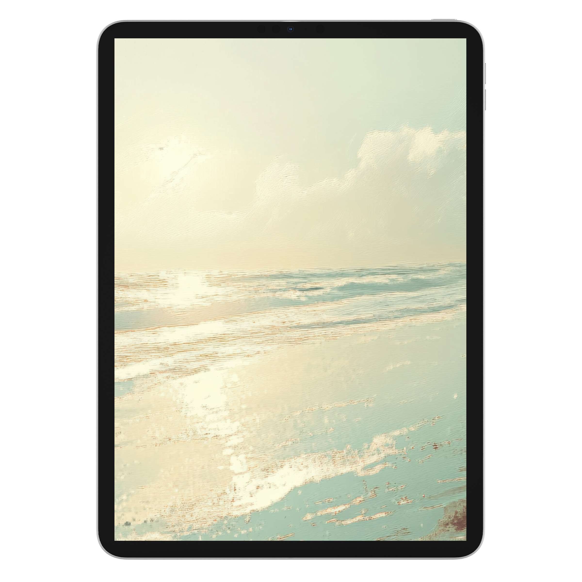 Elegant summer iPad wallpaper featuring a serene beach scene with soft pastel hues and gentle waves for a calming tablet background digital download