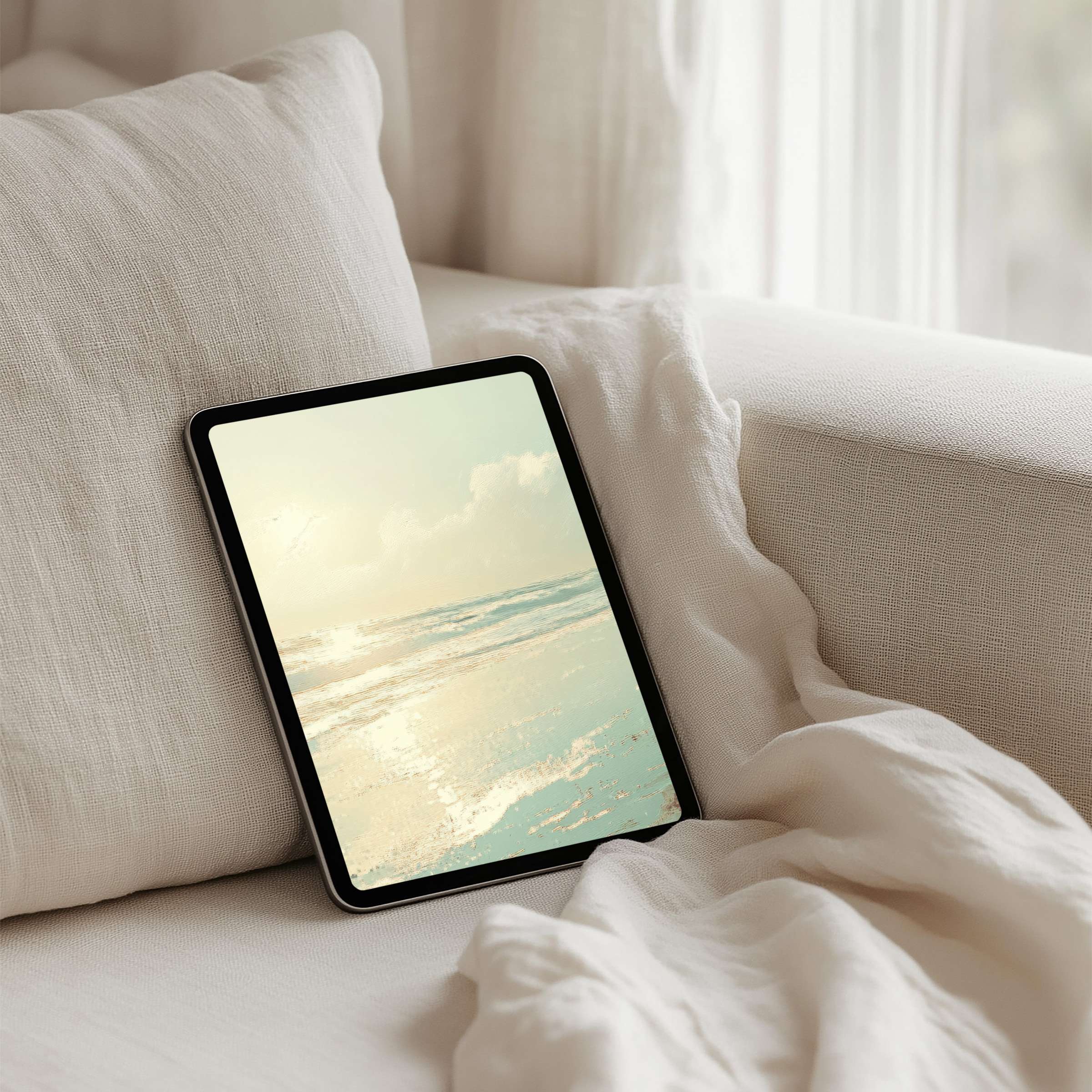 Tranquil ocean scene iPad background offers instant download for tablets creating calm elegance with soothing pastel hues and light