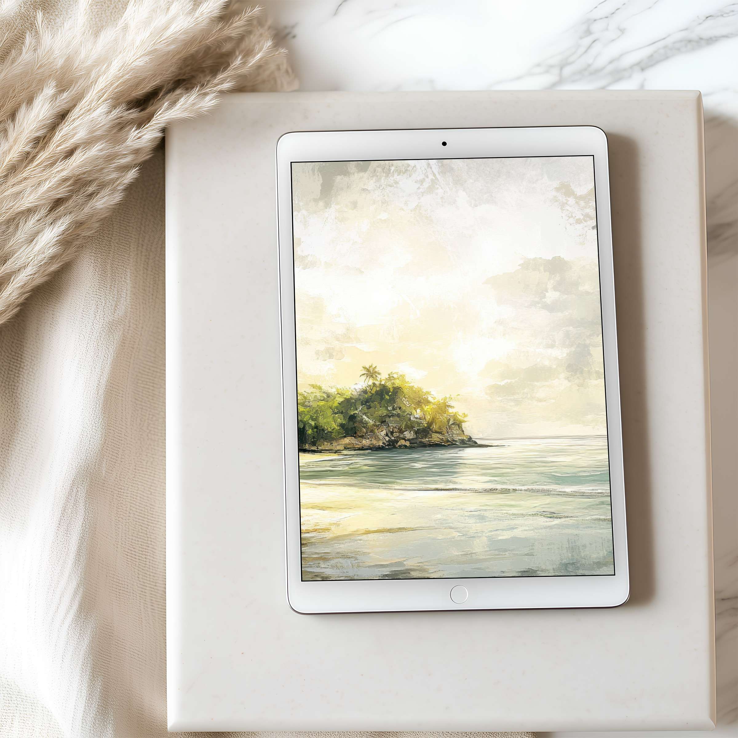 Elegant coastal scene on tablet wallpaper, blending soft beige, green, and blue tones, ideal for high-resolution iPad and Android downloads