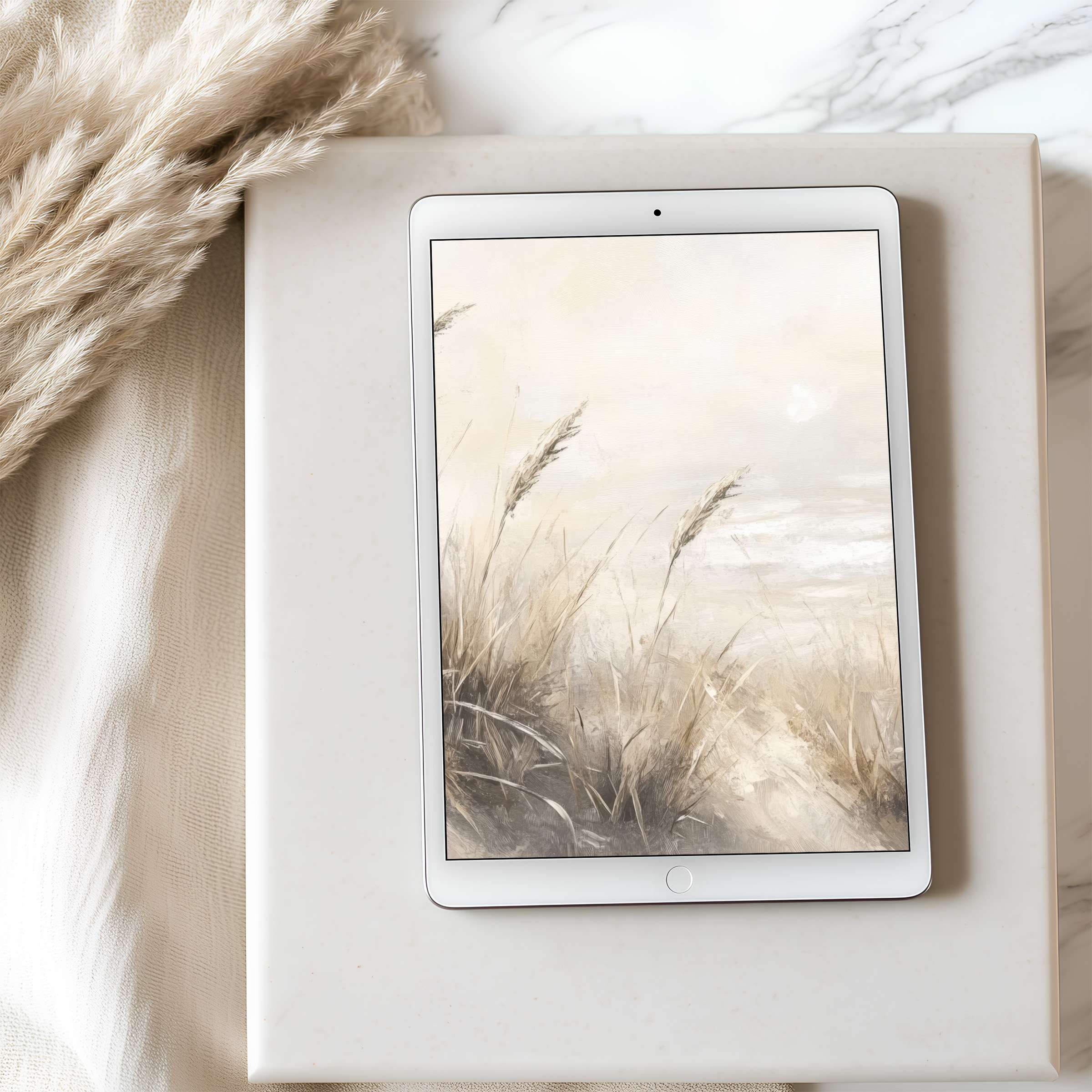 Elegant high-resolution tablet wallpaper featuring serene beige and white brushstrokes of tranquil grasses perfect for iPad download