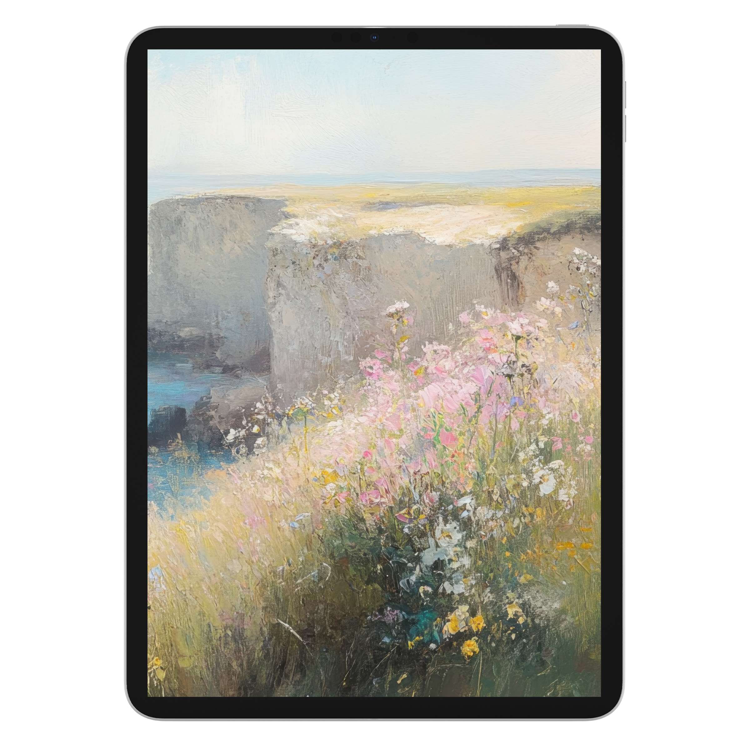 Serene summer iPad wallpaper featuring a pastel cliffside landscape with wildflowers, ideal for digital download on any tablet background