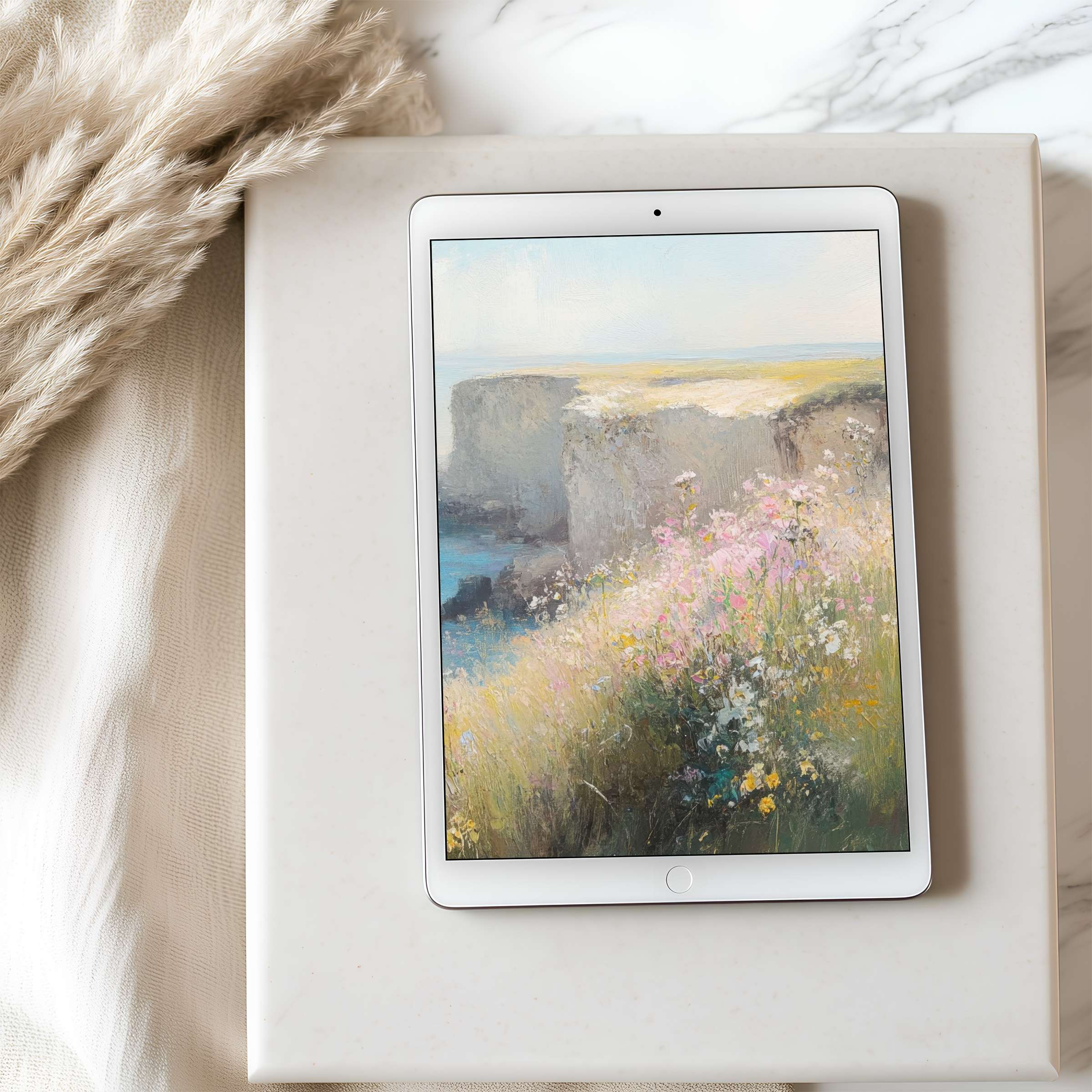 Immerse in tranquility with this curated tablet wallpaper featuring serene pastel cliffs and flora, perfect for high-resolution iPad display