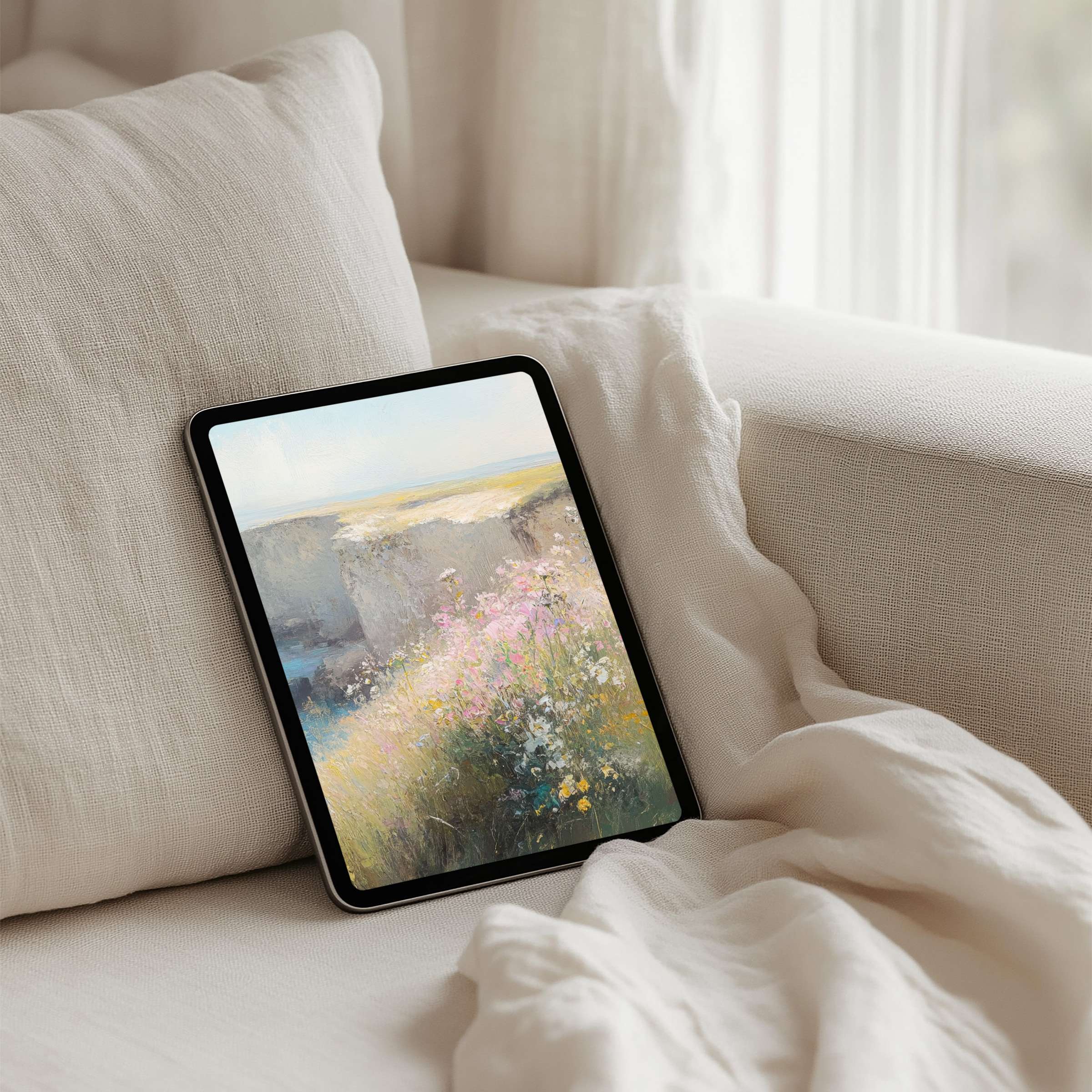 Elegant iPad background featuring serene pastel landscape art promising calm and inspiration for any tablet with instant download
