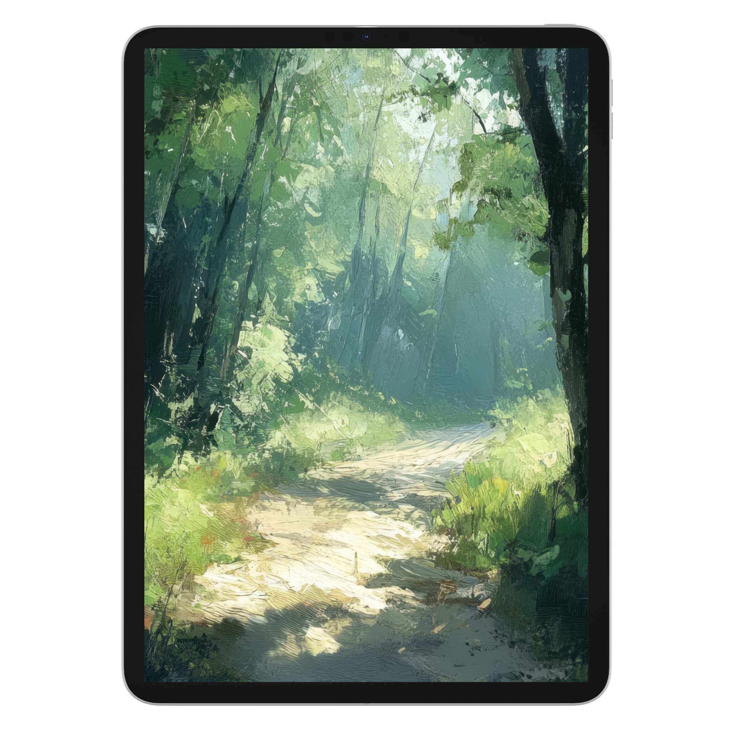 Serene summer iPad wallpaper featuring a sunlight-dappled forest path, ideal digital download background for elegant tablet aesthetics