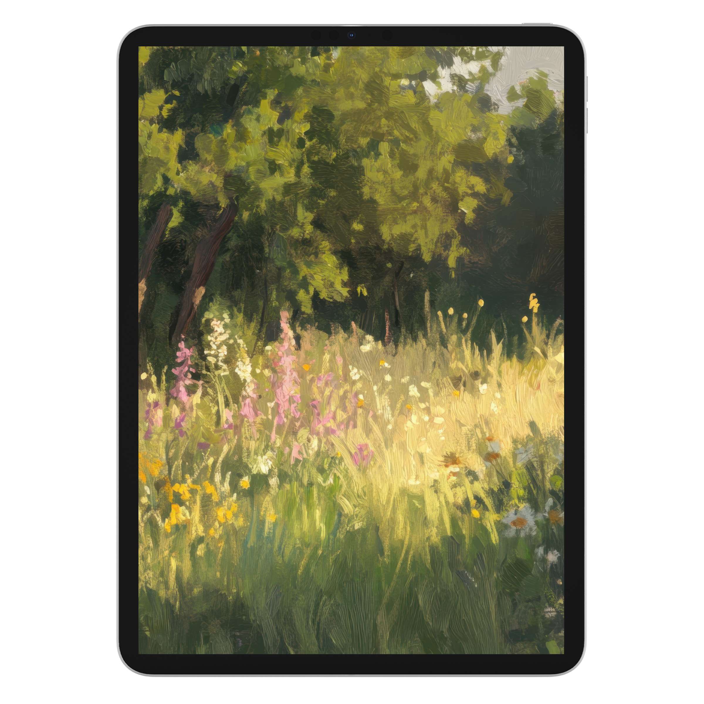 Summer iPad wallpaper with a tranquil meadow scene; digital download offers vibrant, serene background for tablets and devices