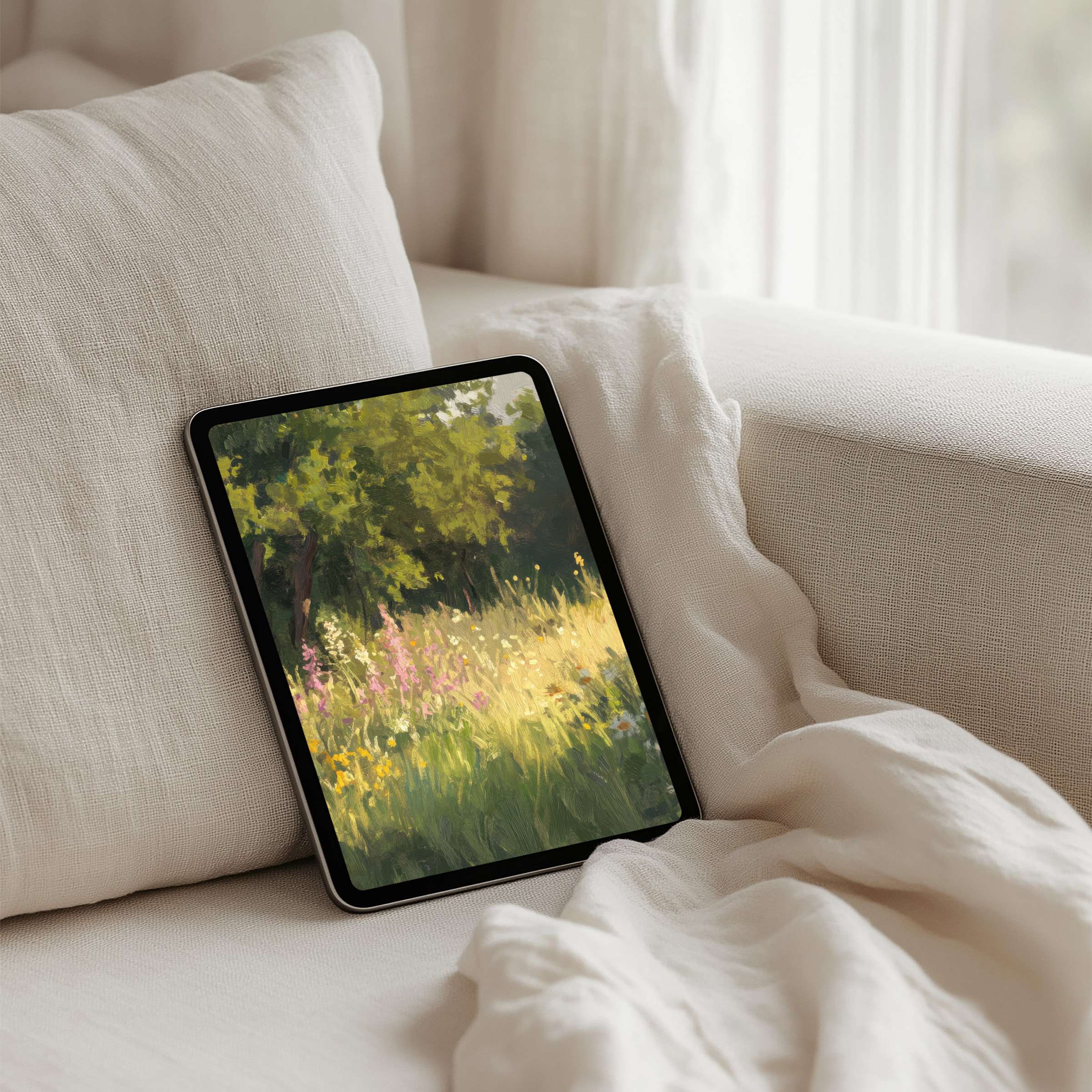 Serene iPad background depicting sunlit wildflowers in a tranquil garden setting perfect for mindful tablet use and instant download