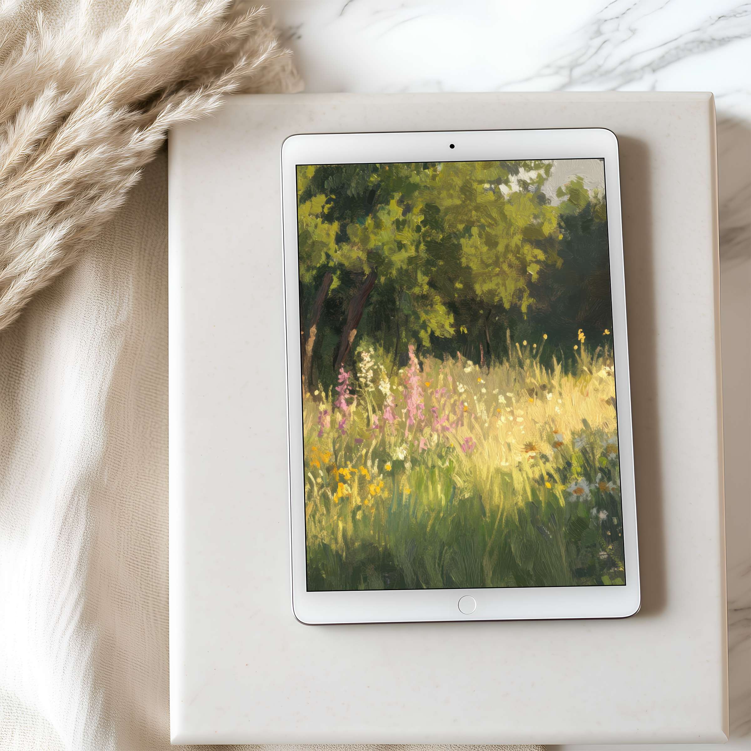 Elegant high resolution tablet wallpaper featuring a serene meadow painting, ideal for iPad, enhances calm and aesthetics in interiors