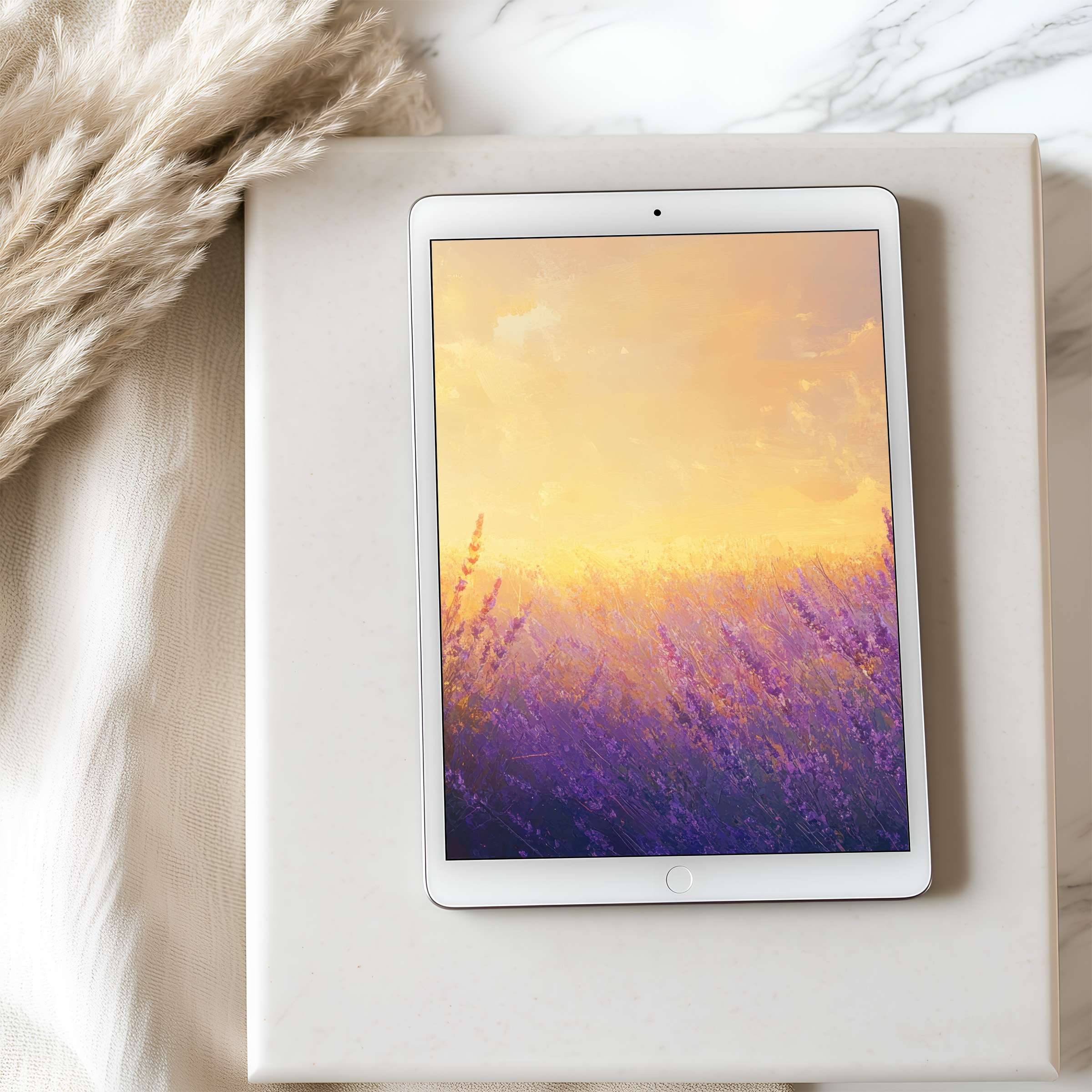 Elegant lavender field tablet wallpaper capturing a serene sunset in high resolution perfect for iPad and Android digital download