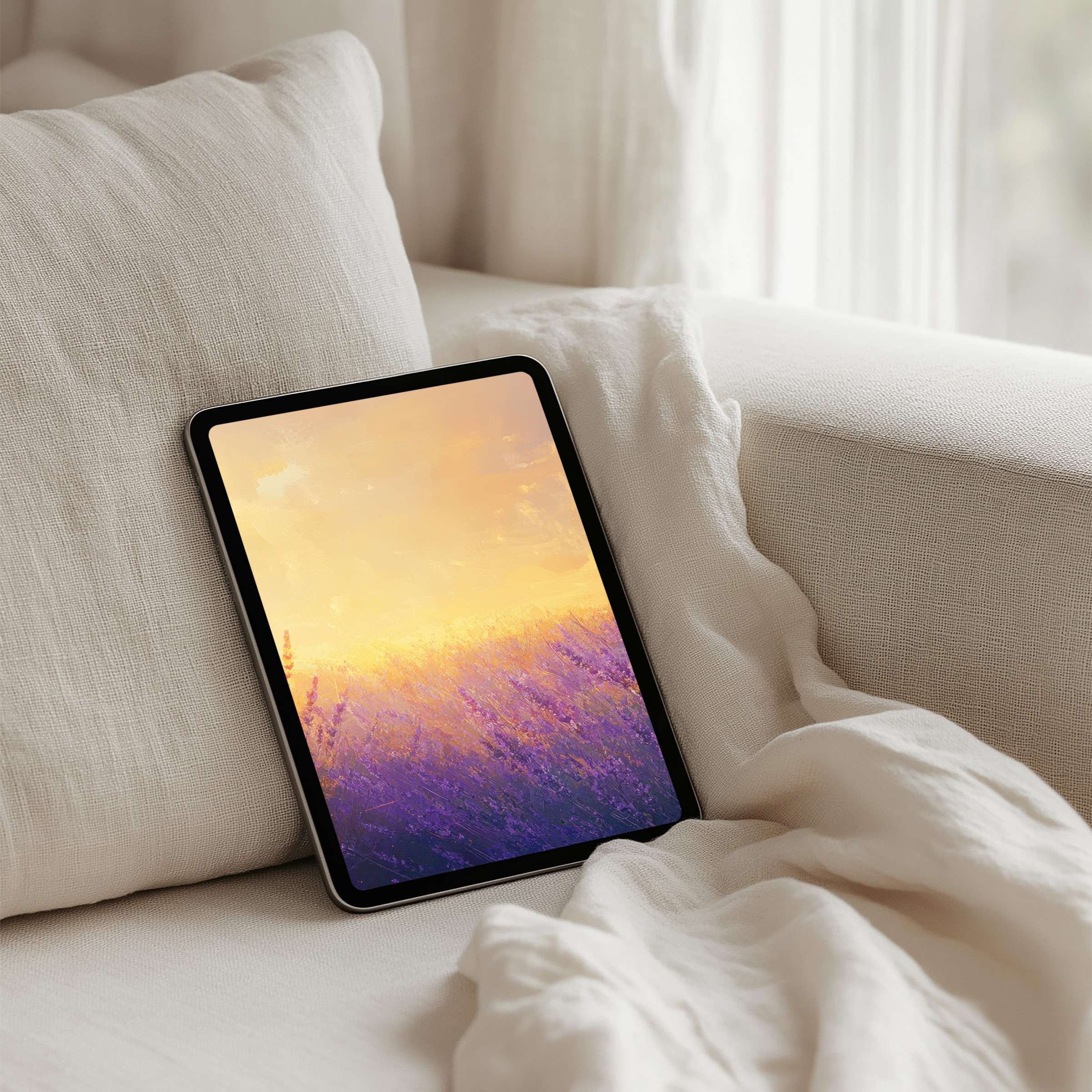 Elegant iPad background with sunset and lavender fields offers instant download for tablets inspiring calm and mindfulness