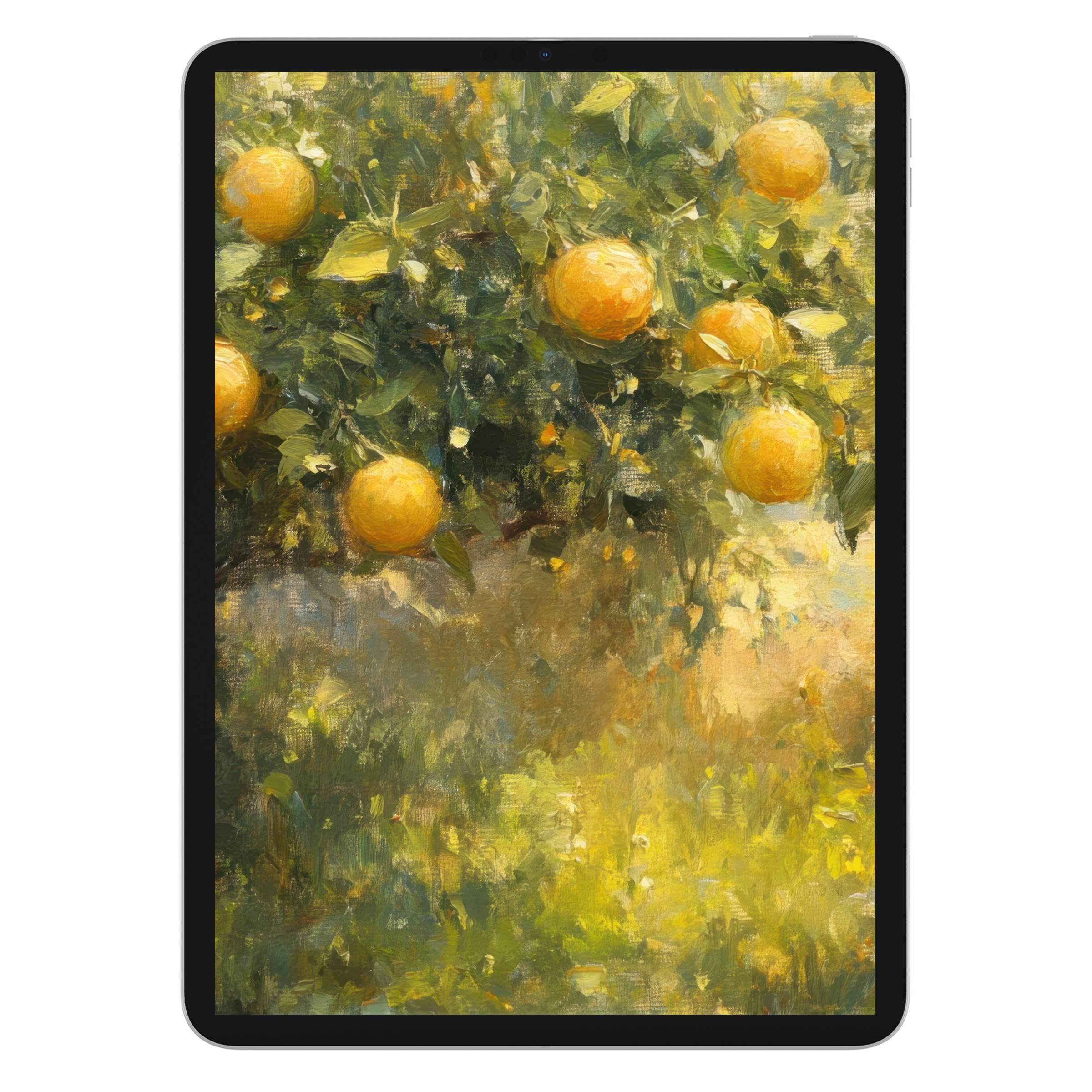 Lush greenery and ripe oranges grace this summer iPad wallpaper, an artistic digital download perfect as a tablet background
