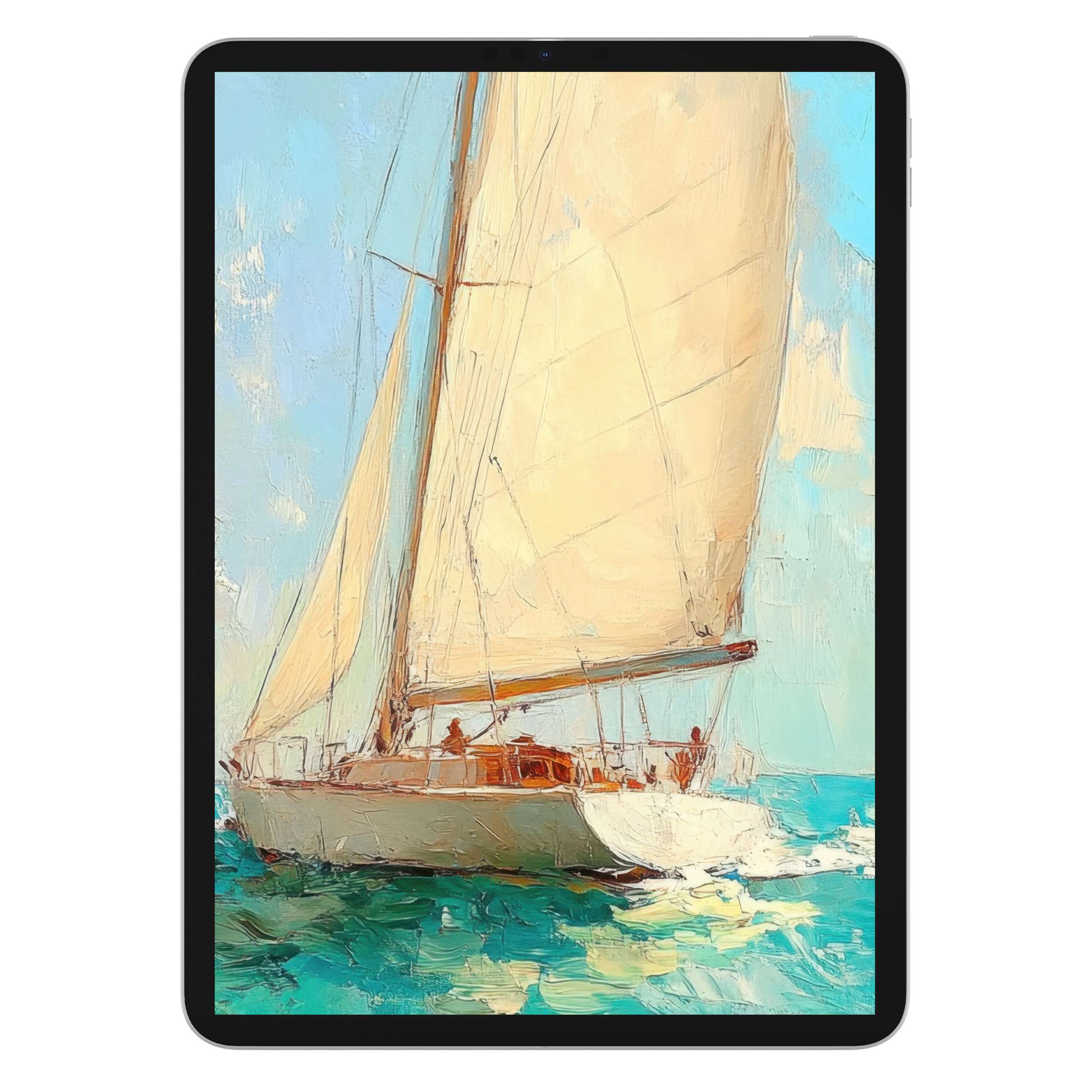 Elegant summer iPad wallpaper showcasing a serene sailboat on turquoise waves in an impressionist style for digital download tablet background
