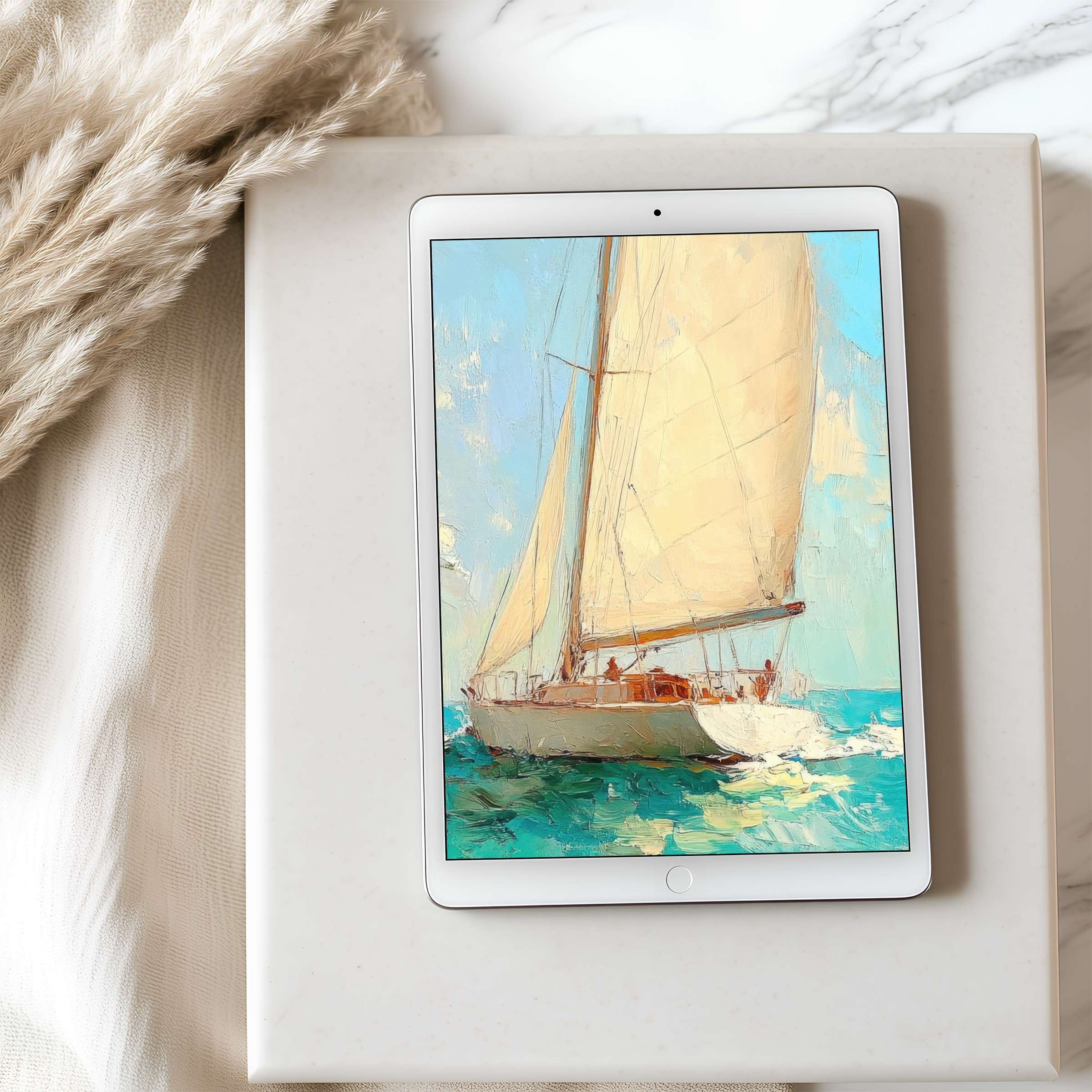 Elegant sailboat painting as tablet wallpaper in high resolution, featuring calming ocean colors; perfect for digital download on iPad