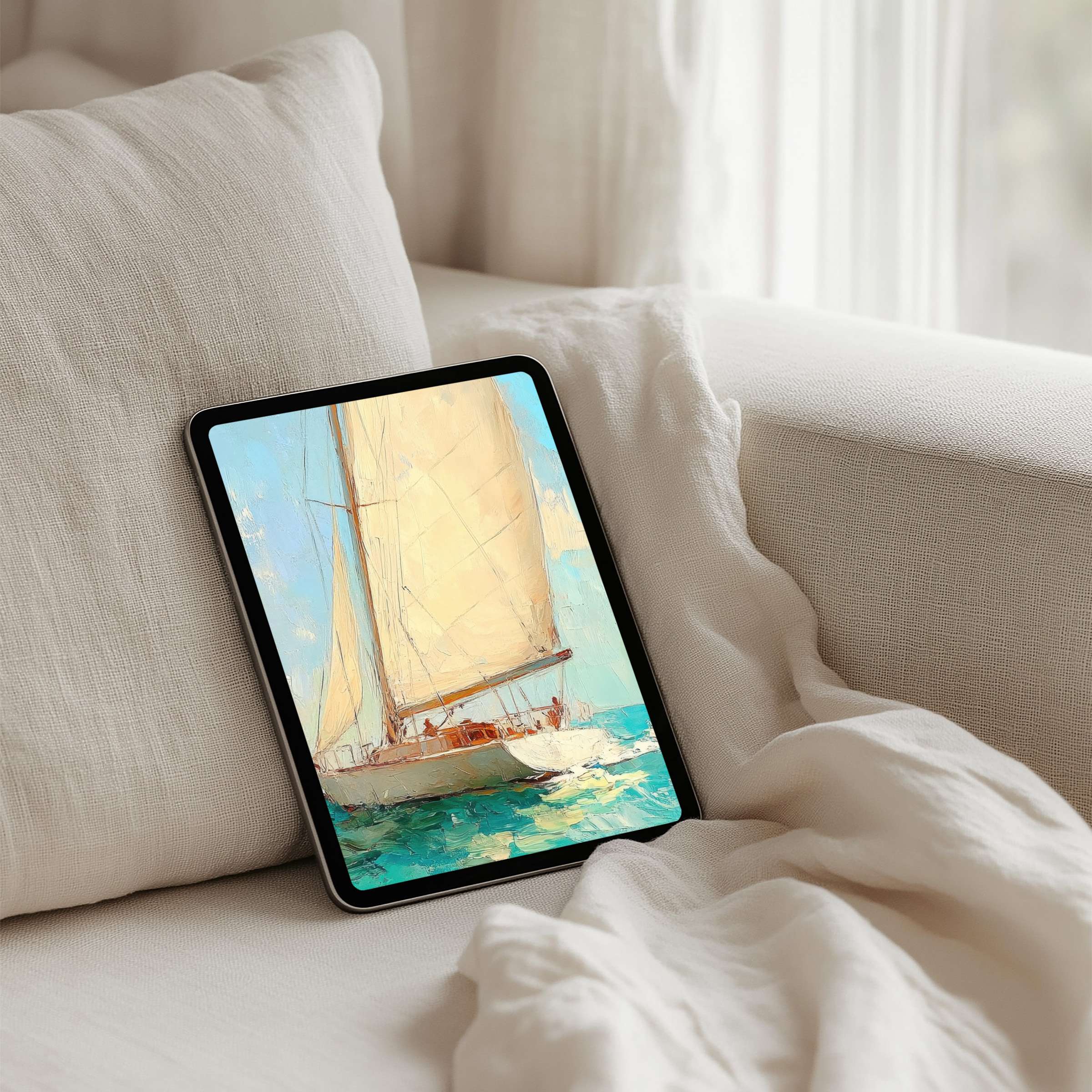 Elegant sailboat painting as iPad background offers instant download for tablets evoking calm and inspiration in serene setting