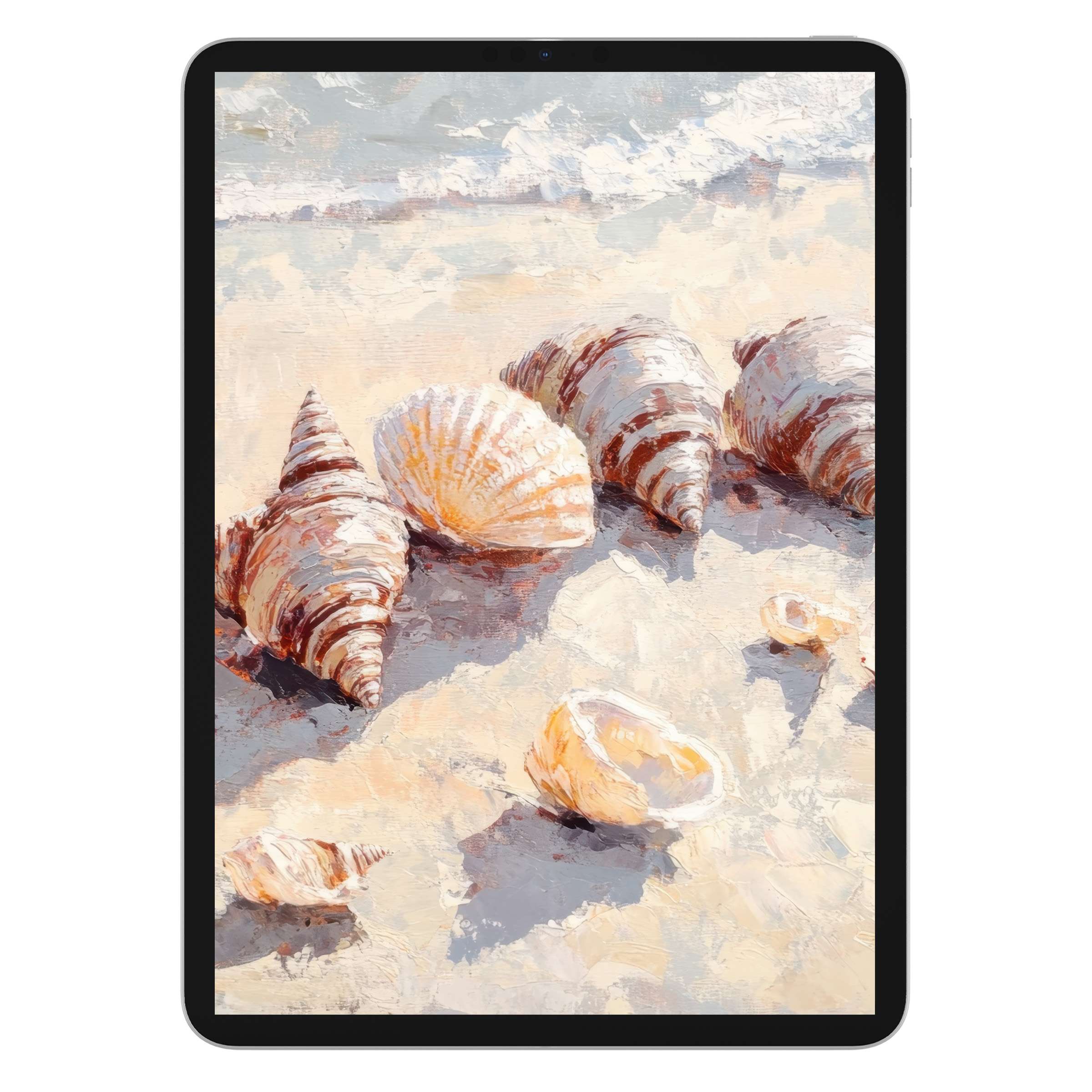 Elegant summer iPad wallpaper featuring serene seashell art in pastel tones, perfect digital download for tablet background lovers