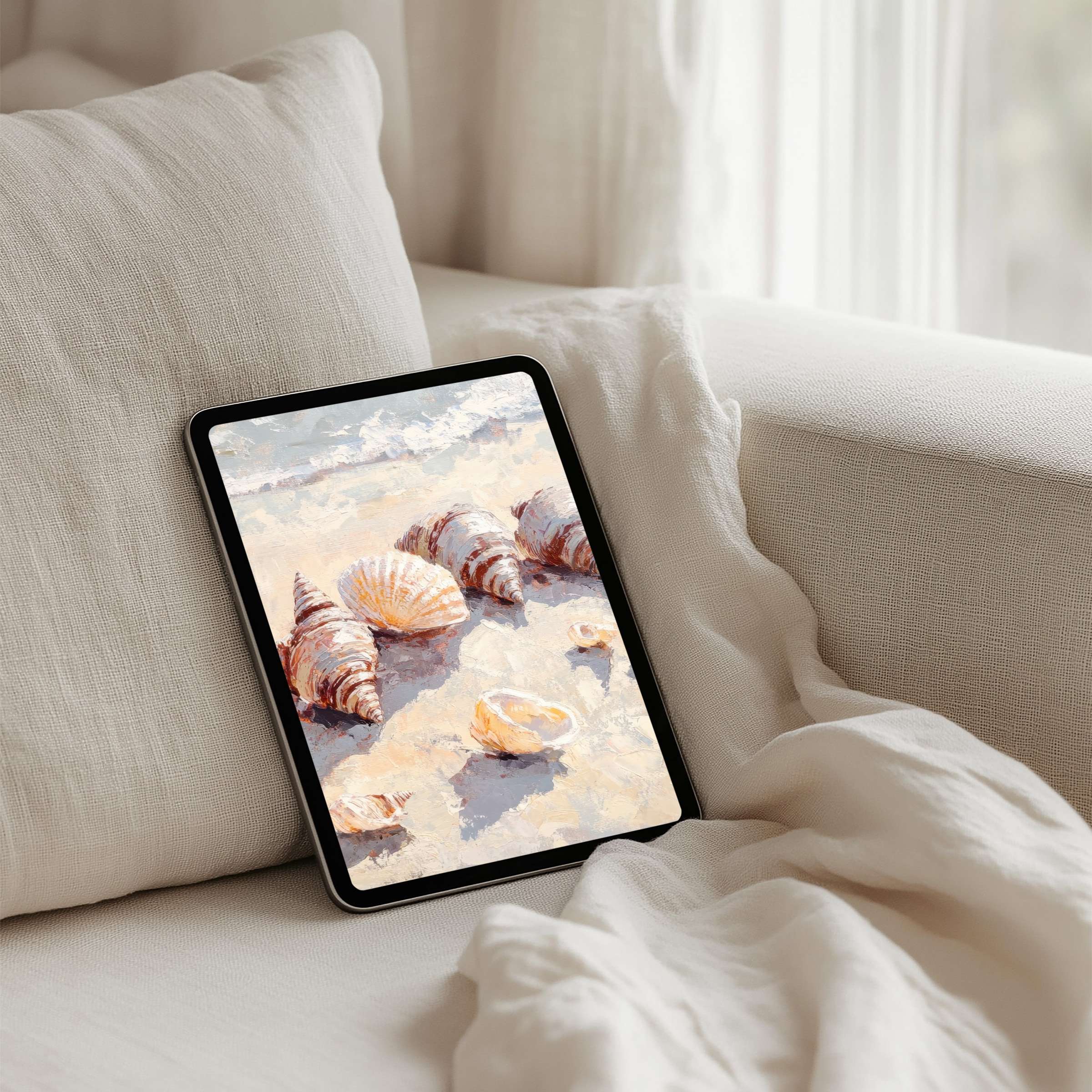 Serene shell art iPad background as an instant download evokes calm elegance on any tablet offering mindfulness and inspiration