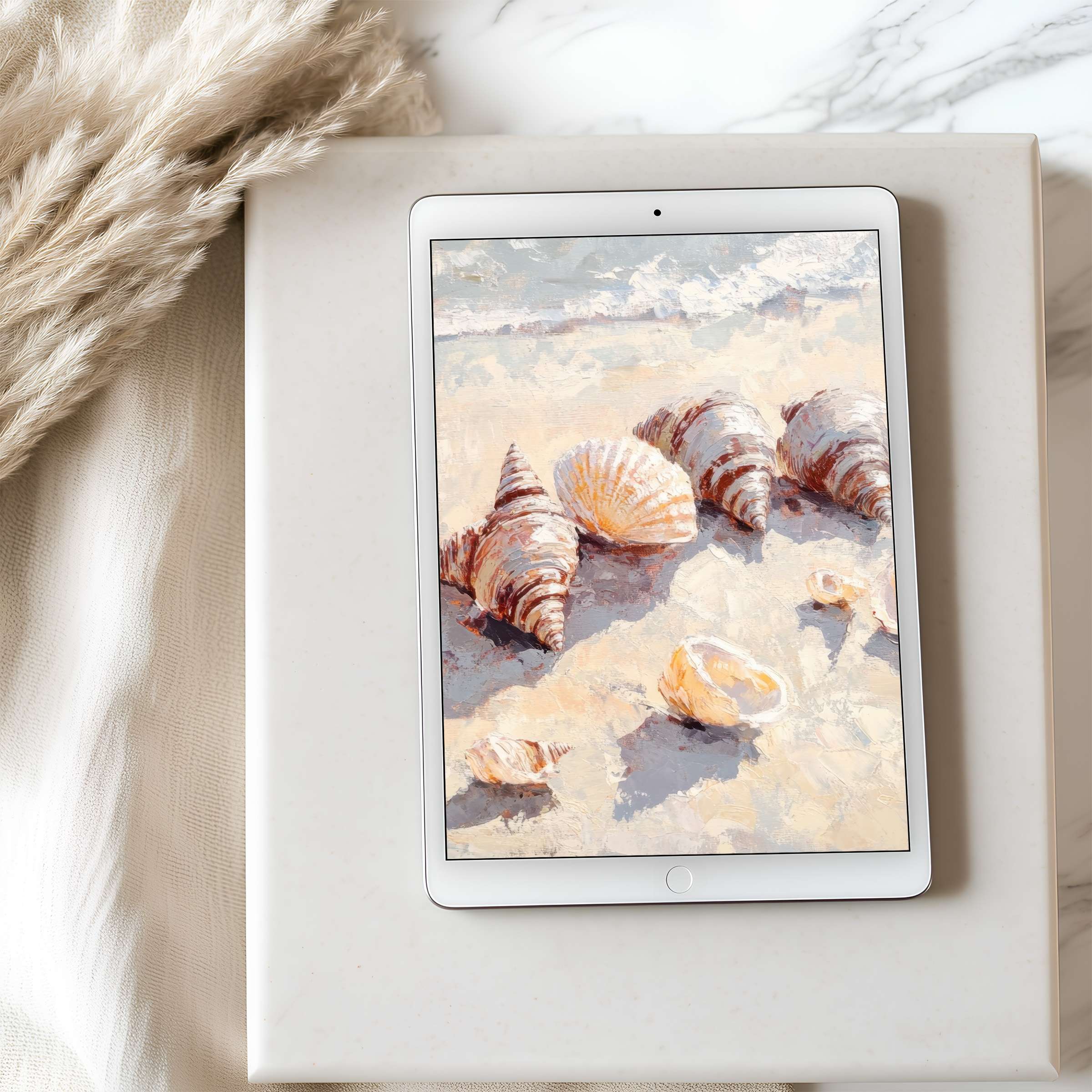 Tablet wallpaper featuring serene seashore shells in soft pastels on iPad evokes tranquility perfect for high-resolution, sustainable digital download