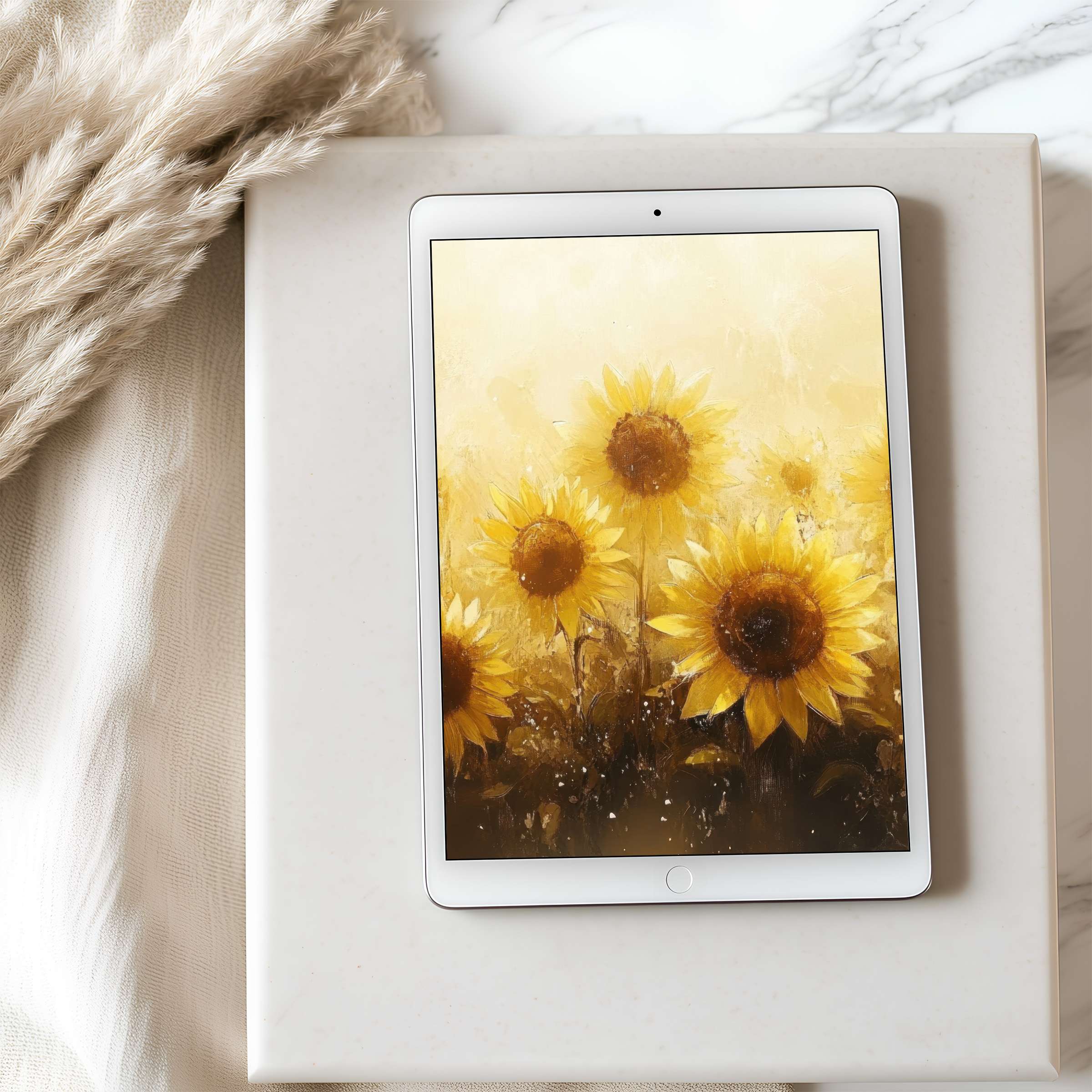 Elegant sunflower tablet wallpaper featuring vibrant yellow blooms on a serene beige setting perfect for iPad and Android tablets