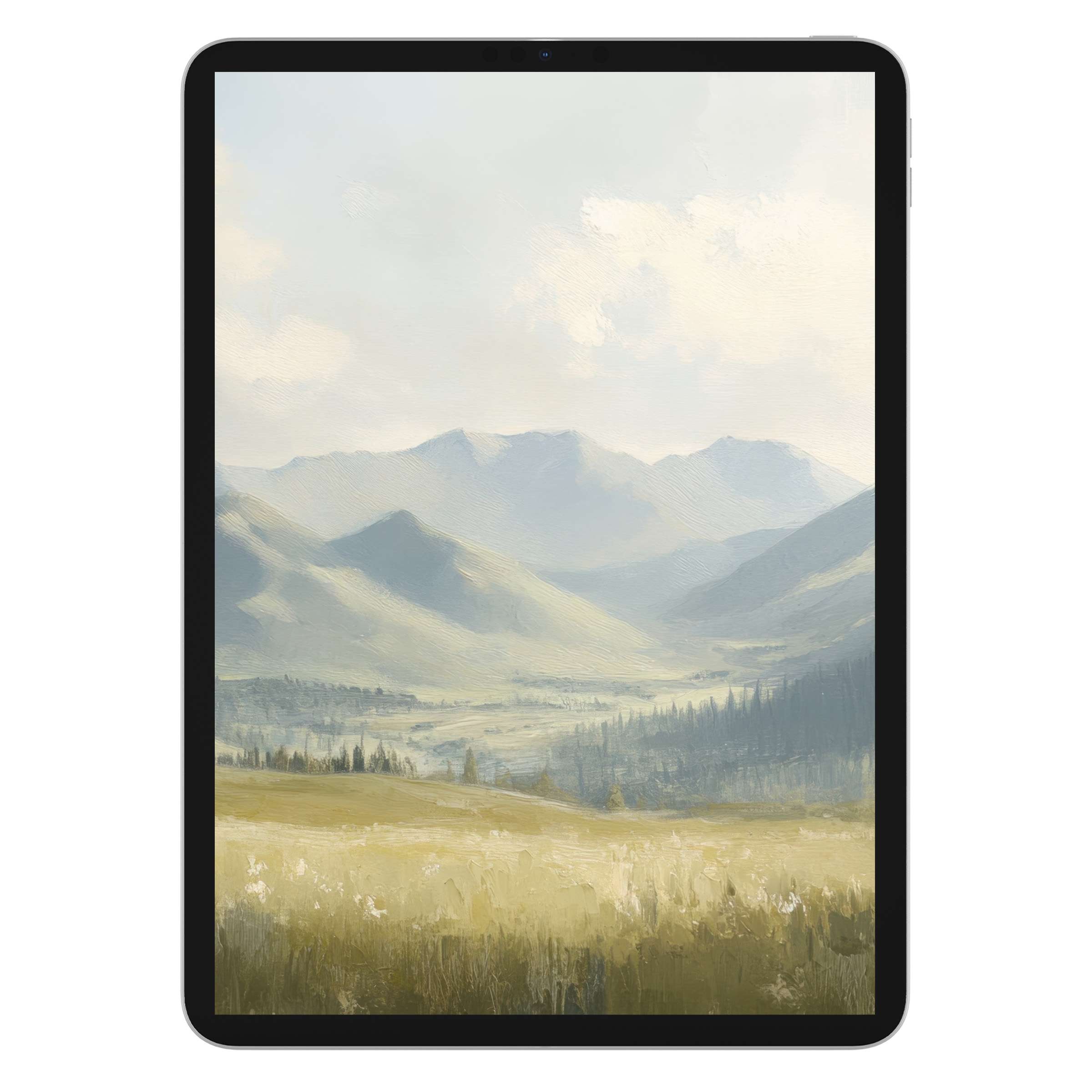 Elegant summer iPad wallpaper with serene mountain landscape, perfect digital download background for tablet tranquility and eco-conscious design