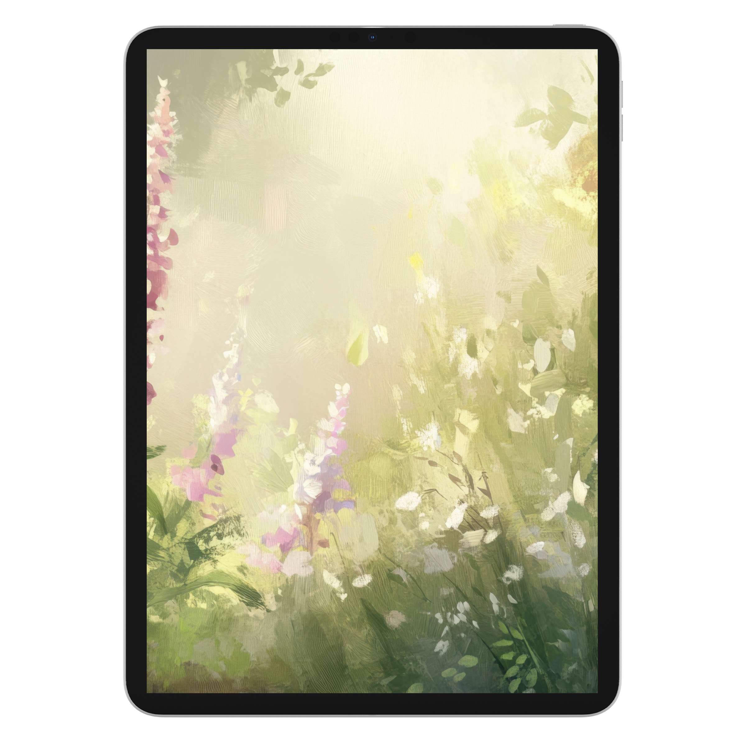 Serene summer iPad wallpaper featuring lush green foliage and soft pastel flowers, perfect digital download for tablet background elegance