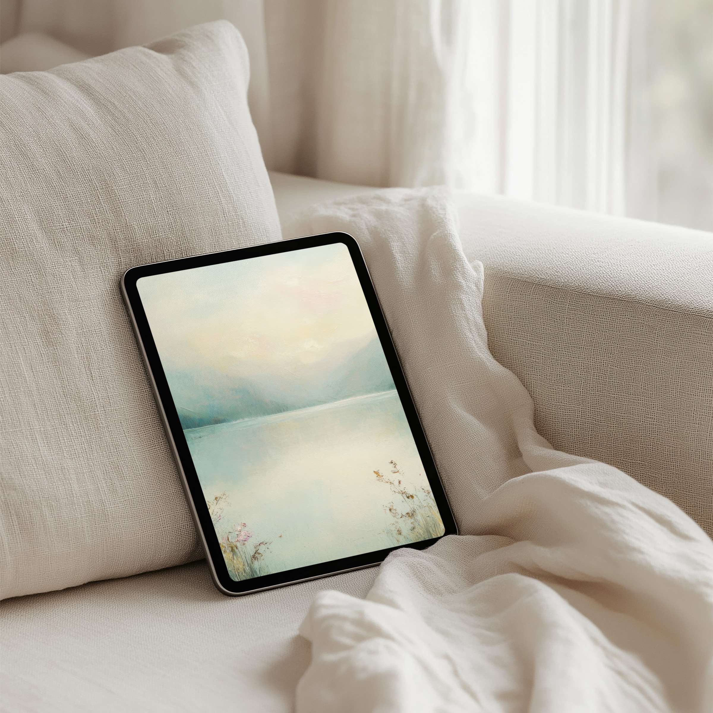 Elegant pastel landscape iPad background for tablet use, evoking calm and inspiration, available as an instant download