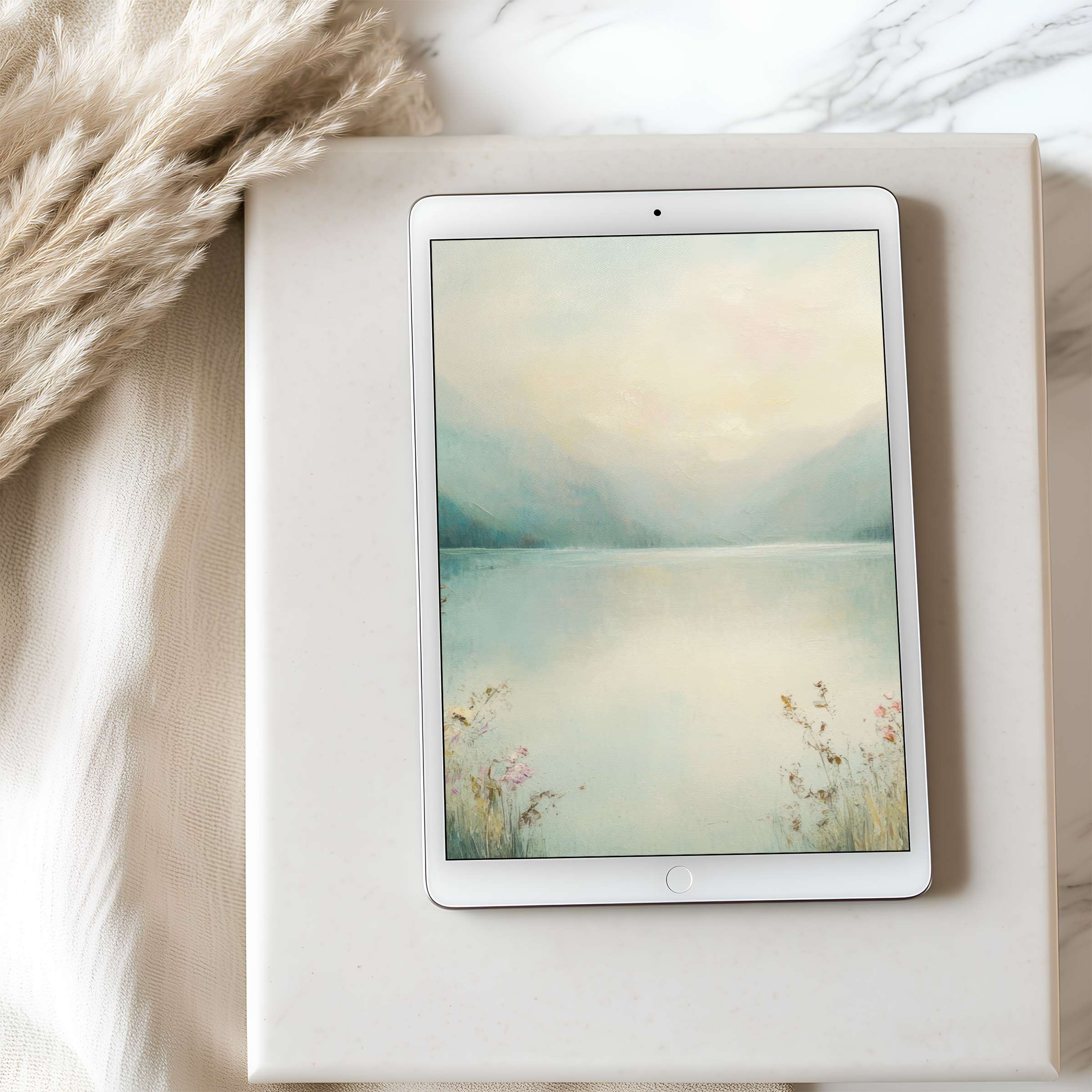 Elegant tablet wallpaper art with serene pastel hues of misty mountains and lake, perfect for iPad and Android tablets, digital download