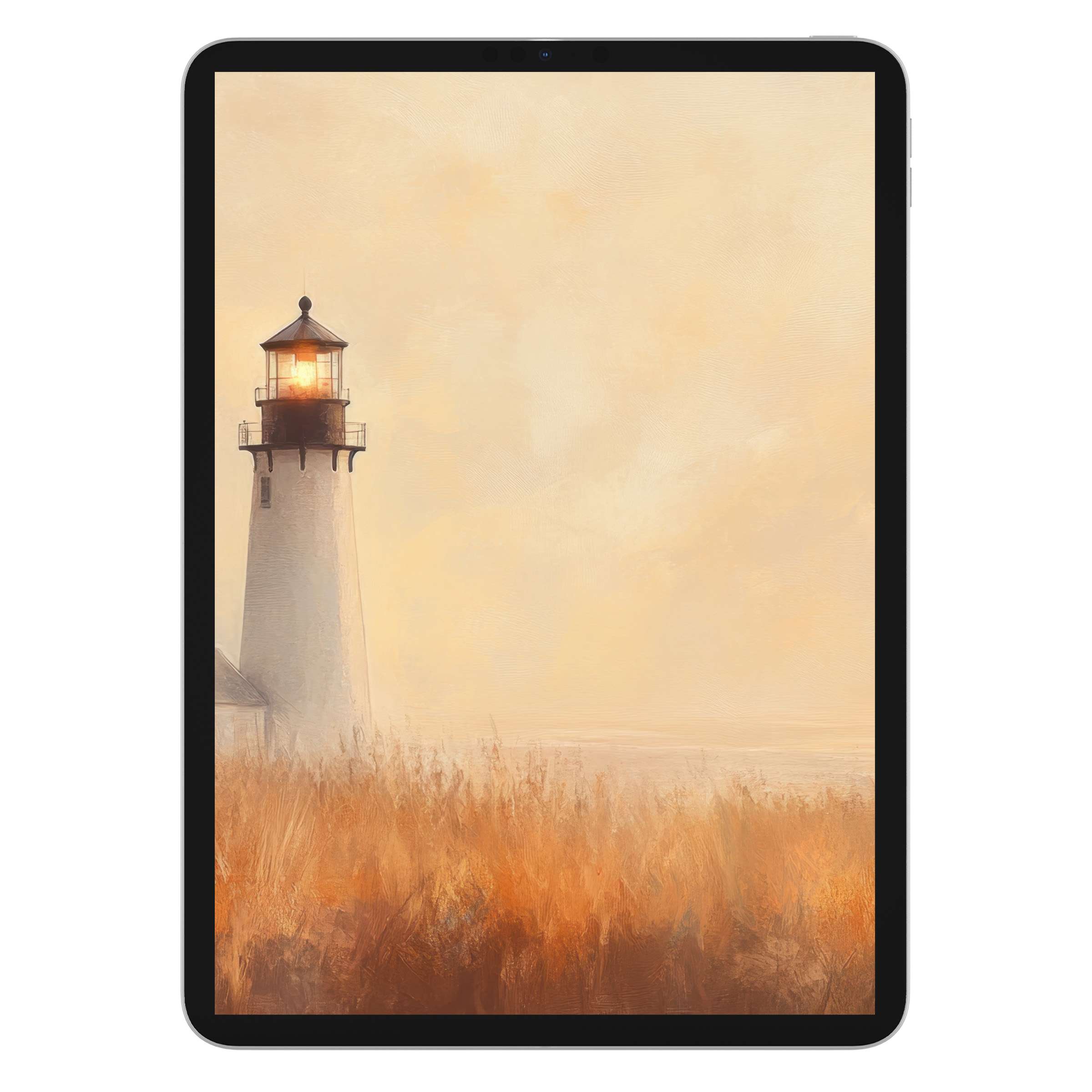 Elegant summer iPad wallpaper featuring an ethereal lighthouse scene for serene digital download background on any tablet device