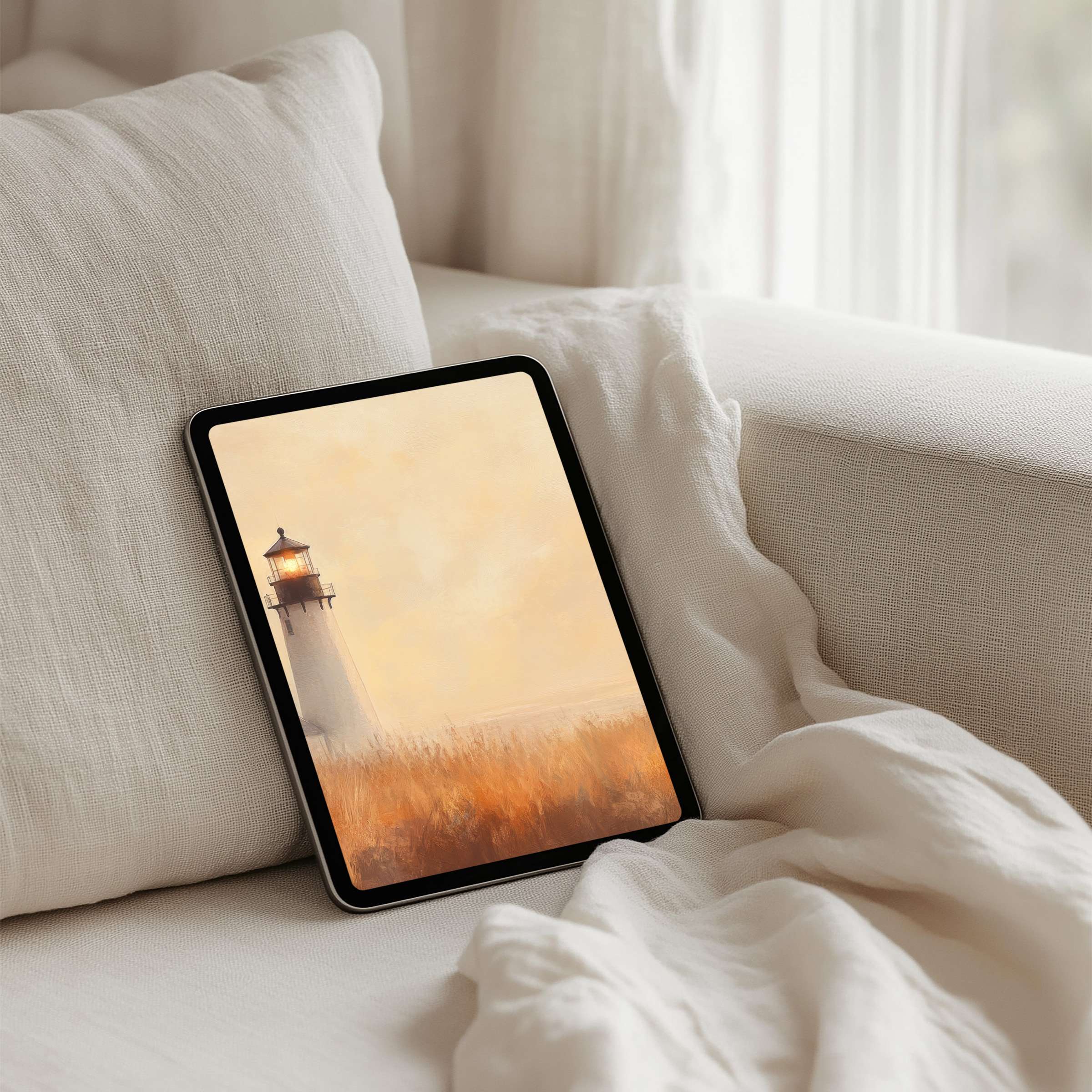 Serene lighthouse iPad background for instant download, perfect for tablets, offering elegance and mindfulness in warm tones