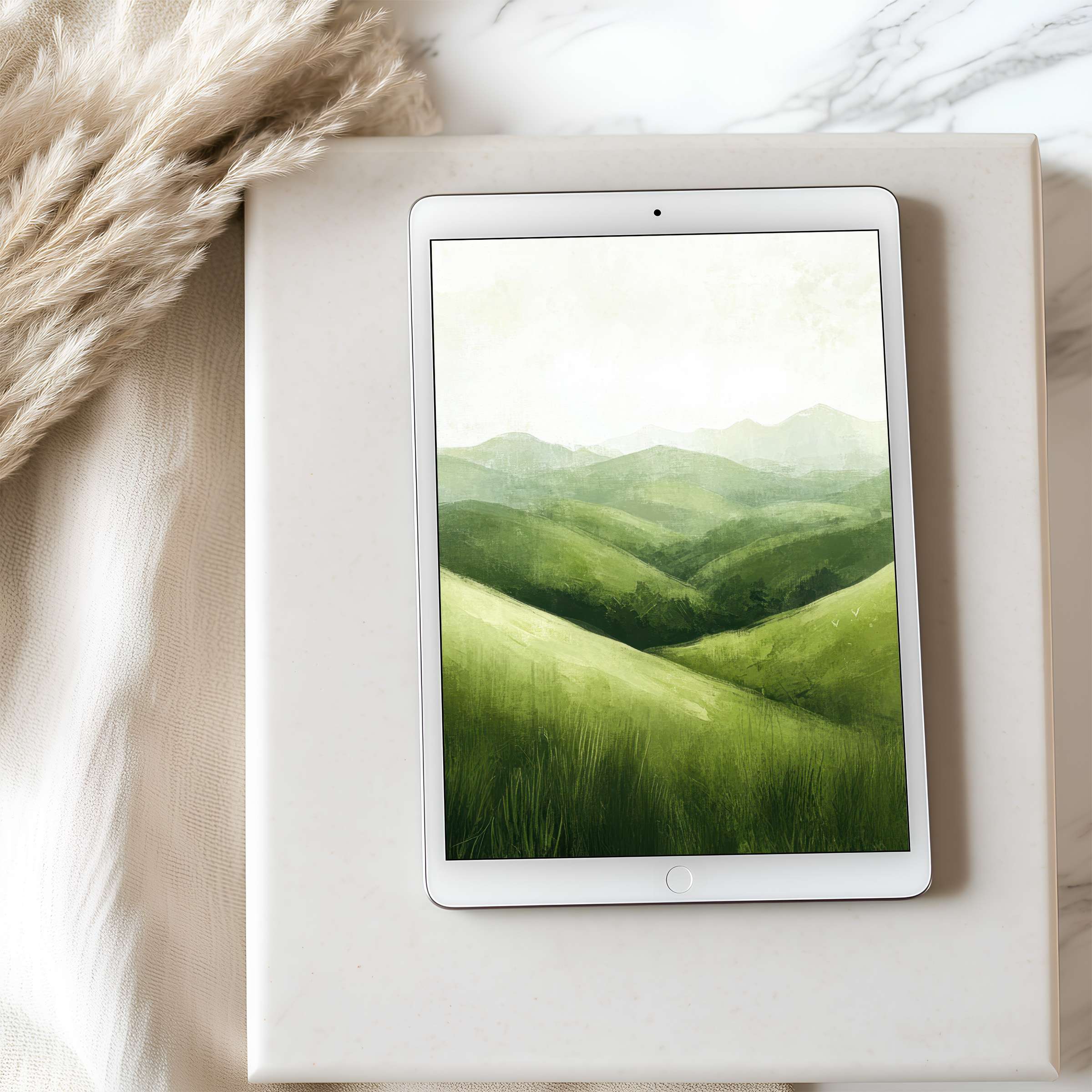 Elegant tablet wallpaper featuring serene green hills in high resolution for a calming digital download on iPad or Android