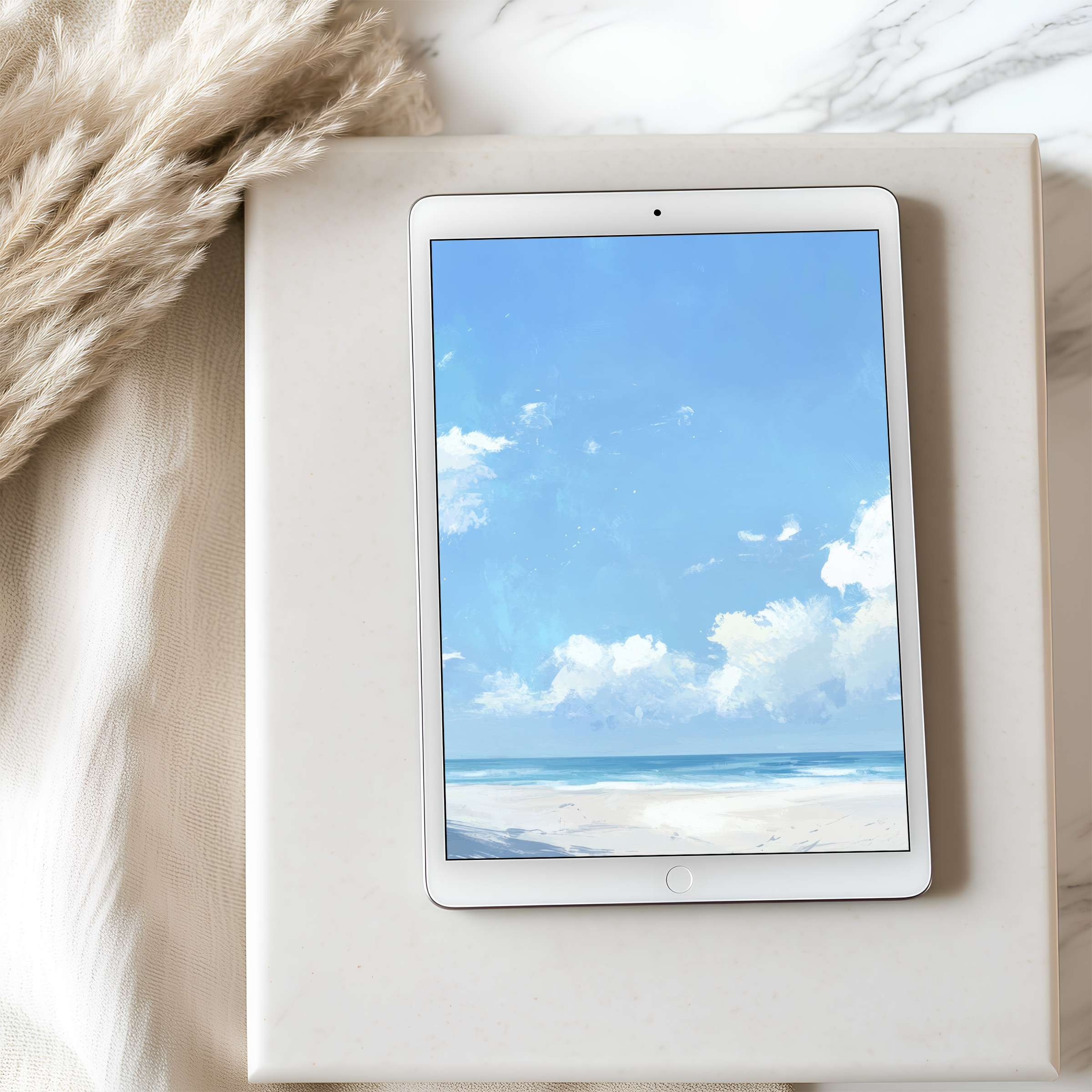Elegant tablet wallpaper featuring serene beach scene in soft blues, perfect for iPad, high-resolution digital download for calm spaces