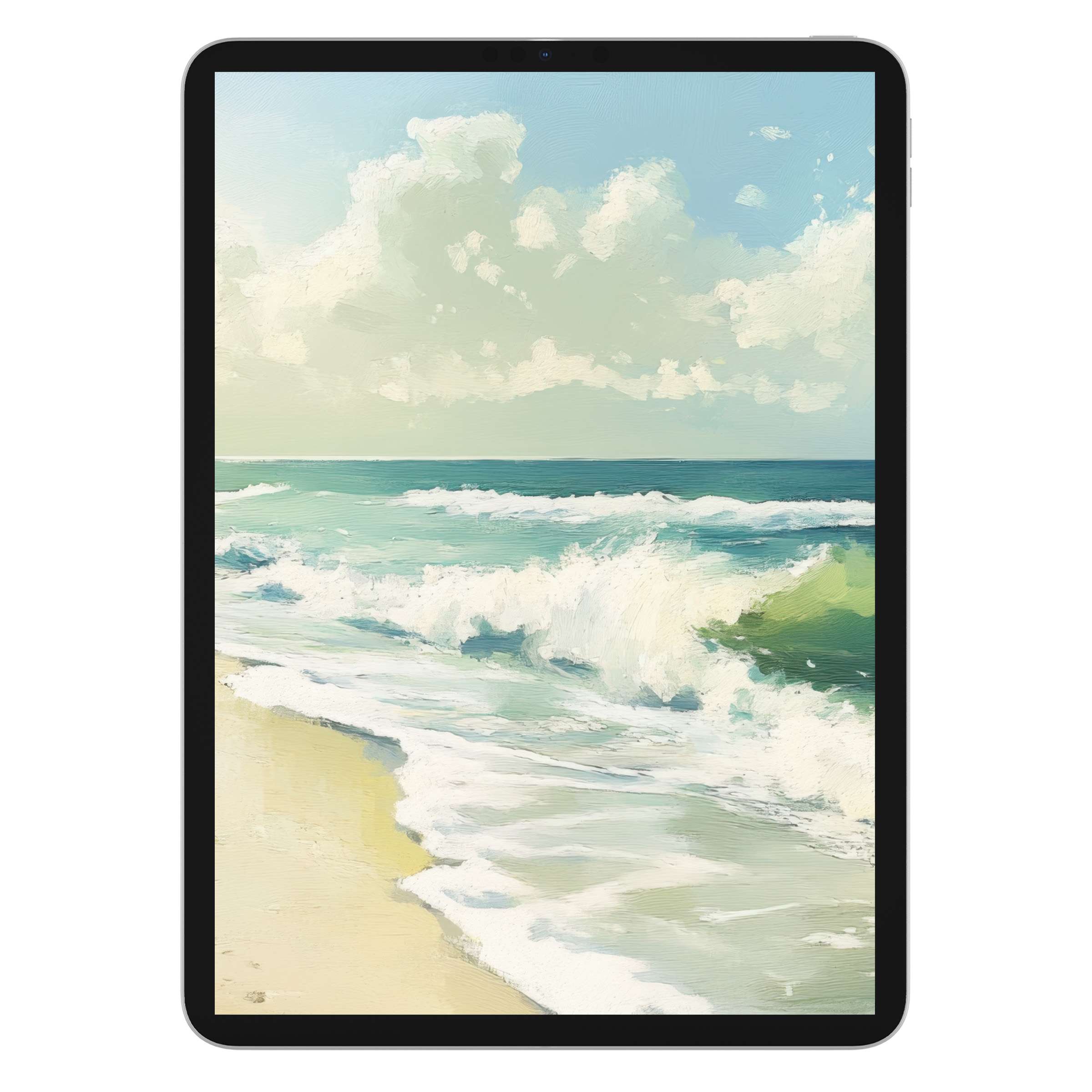 Serene summer iPad wallpaper with gentle waves and soft clouds, perfect for tablet background, available as a digital download