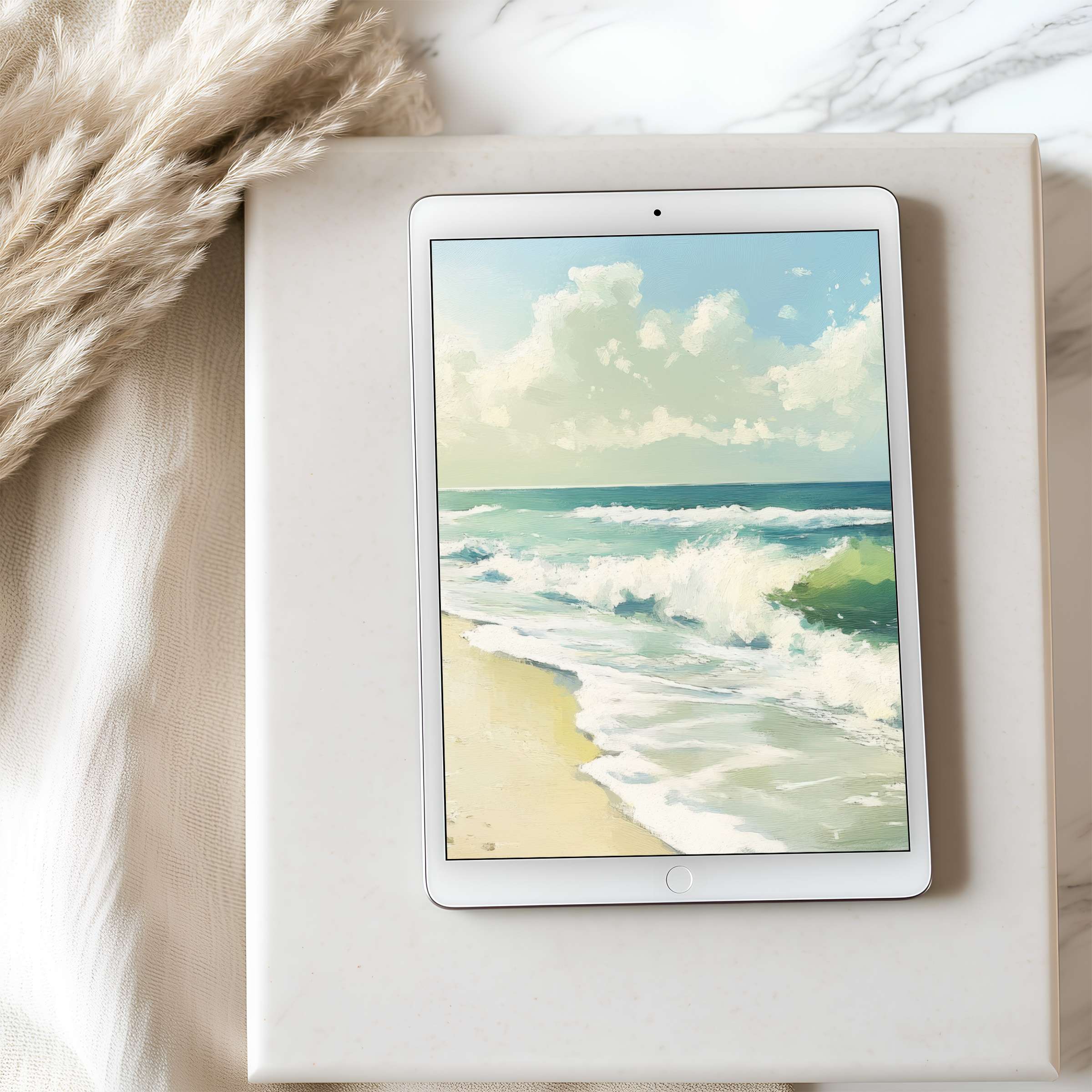 Calming ocean waves in pastel tones make a perfect tablet wallpaper for iPad and Android, offering high resolution digital download benefits