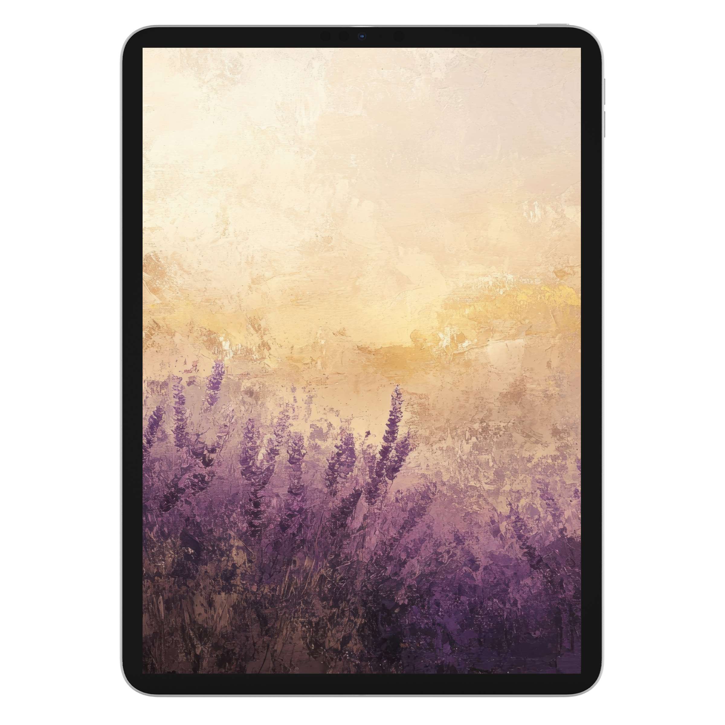 Summer iPad wallpaper featuring a serene lavender field painting in soft hues perfect for digital download on any tablet background