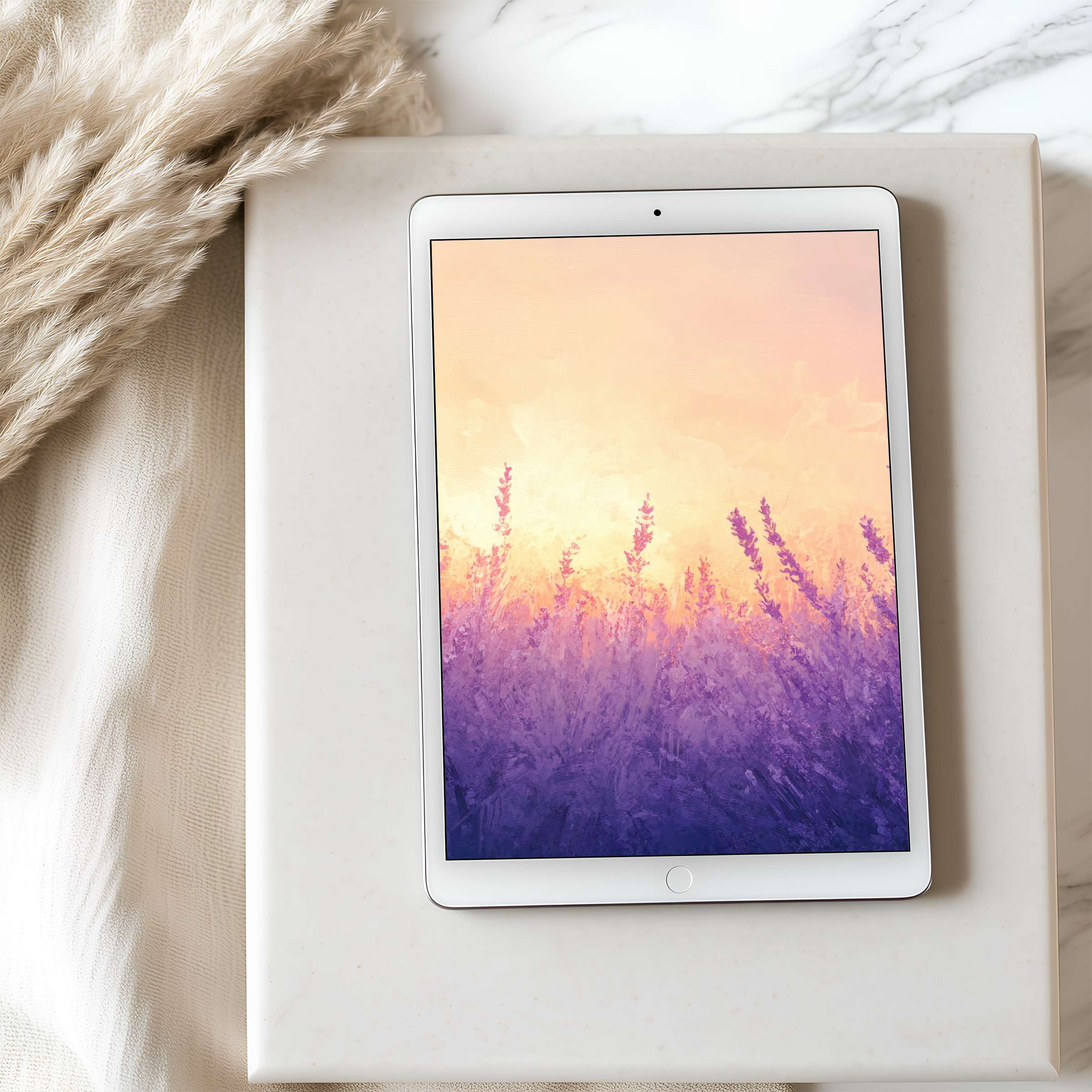 Elegant tablet wallpaper showcasing a serene lavender field at sunset, perfect for high-resolution iPad and Android tablet displays
