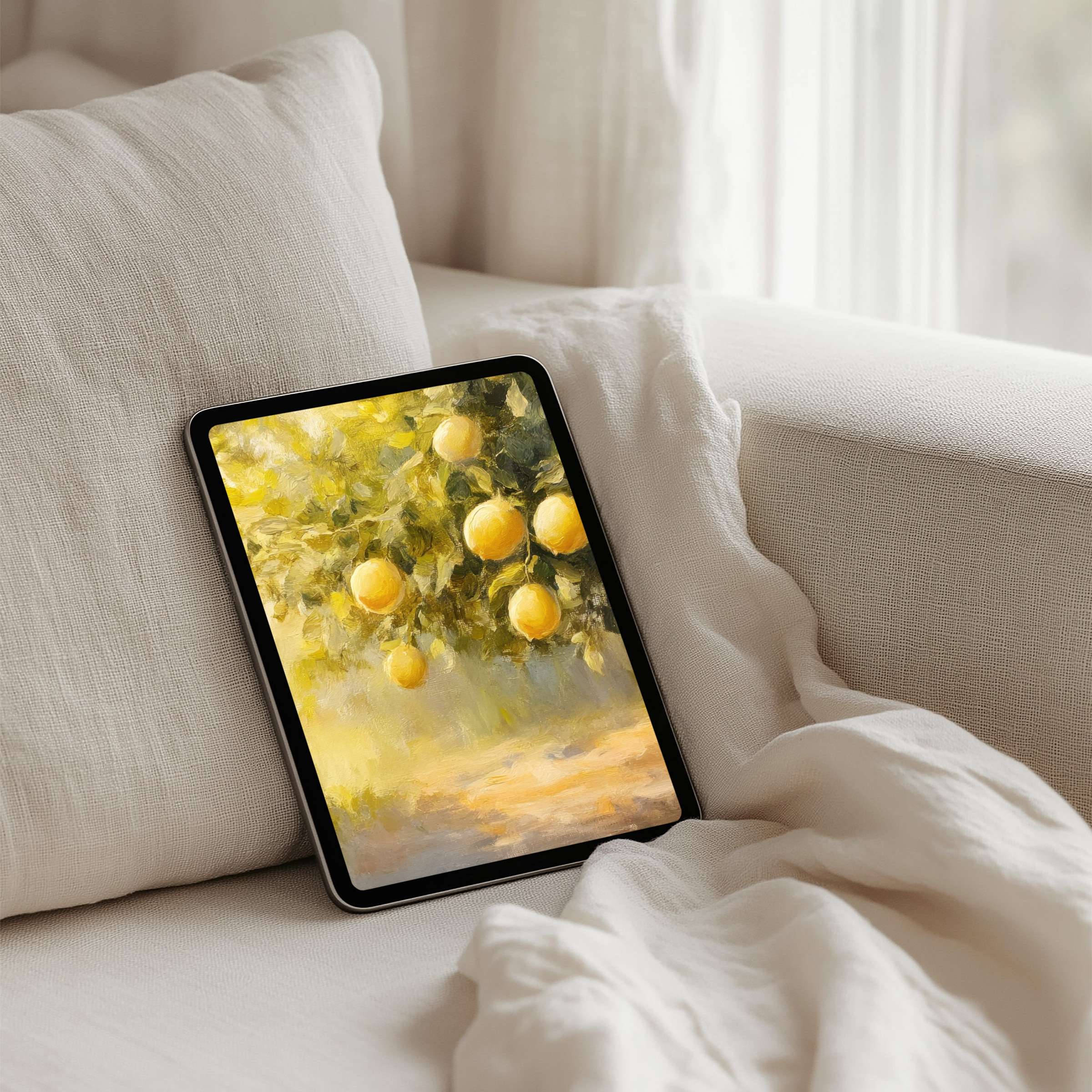 Elegant iPad background with serene lemon painting for instant download fits any tablet offering calm and aesthetic inspiration