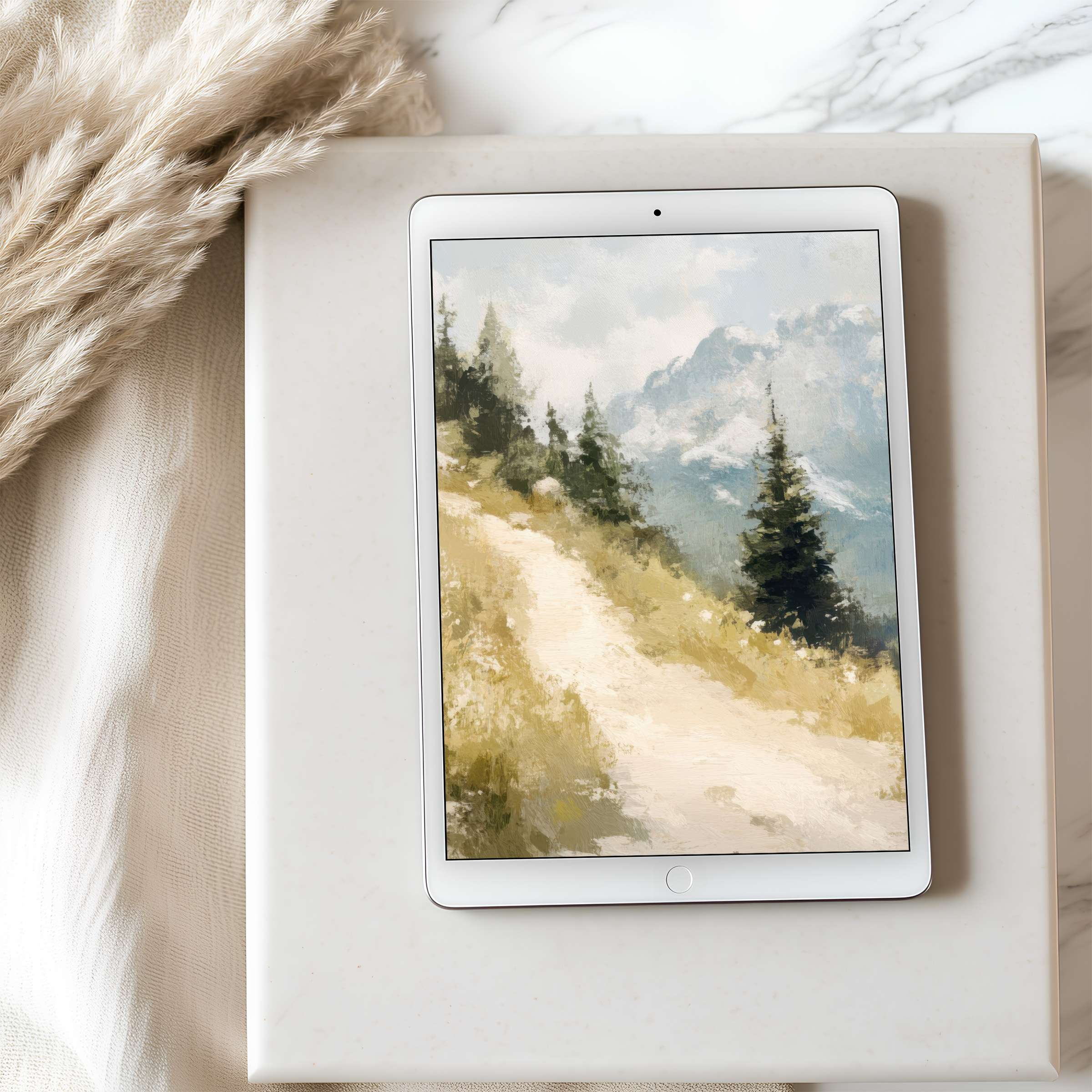 Elegant tablet wallpaper featuring a serene mountain path in soft, calming hues, perfect for high-resolution iPad and Android screens