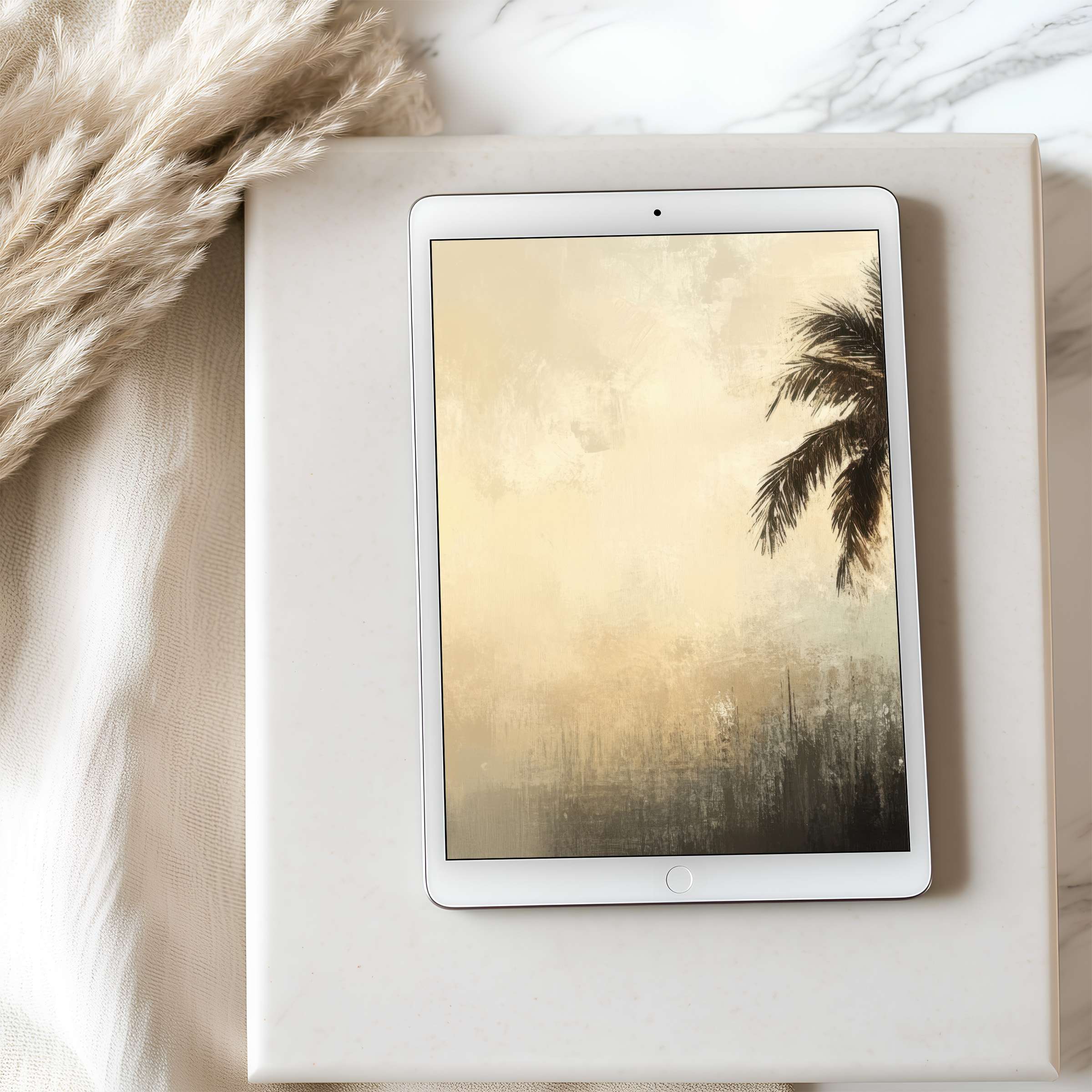 Calming tablet wallpaper featuring elegant palm art on an iPad surrounded by soft textures, perfect for high-resolution digital download