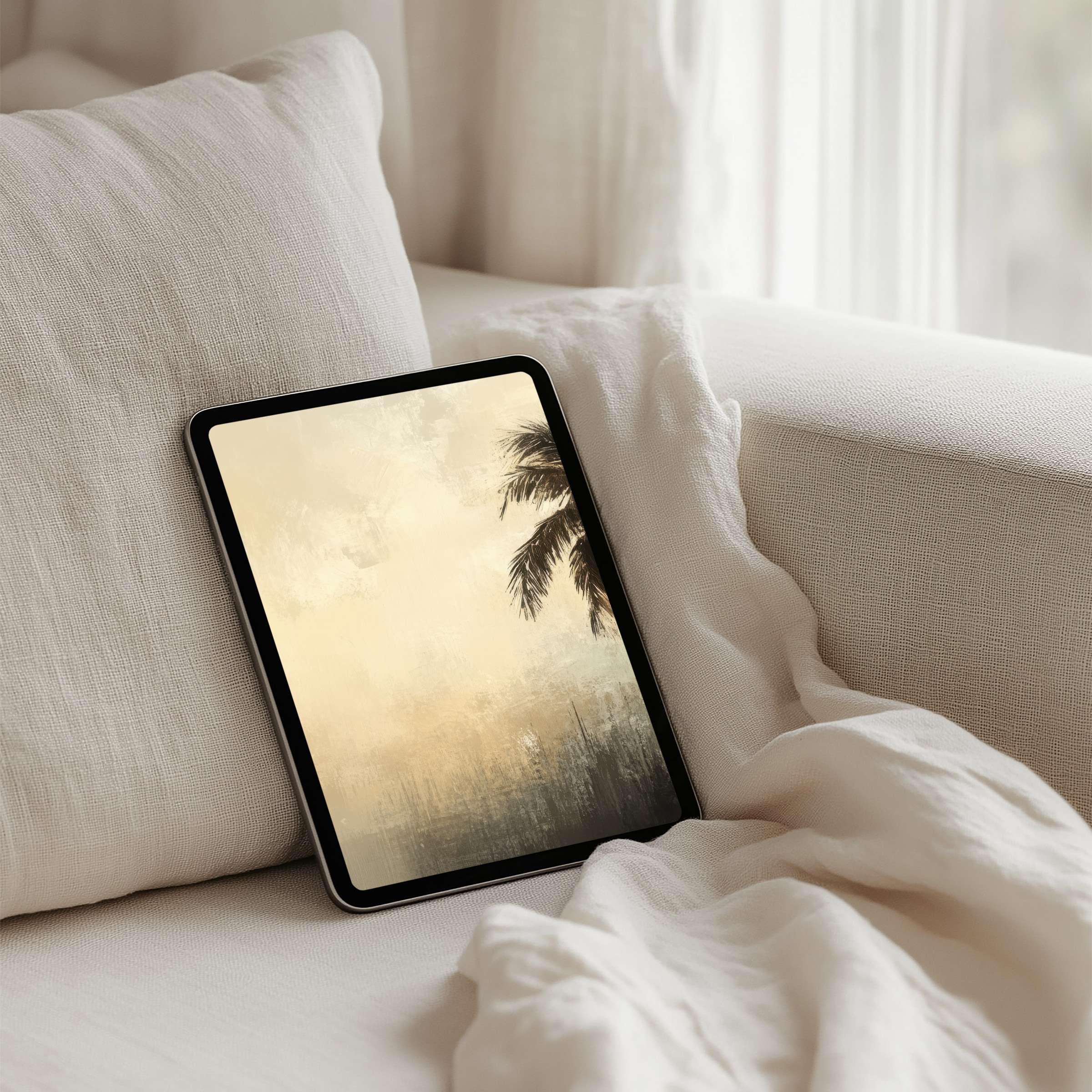 Warm, serene iPad background featuring soft palm leaves for tablet ambiance instant download to inspire tranquility and mindfulness