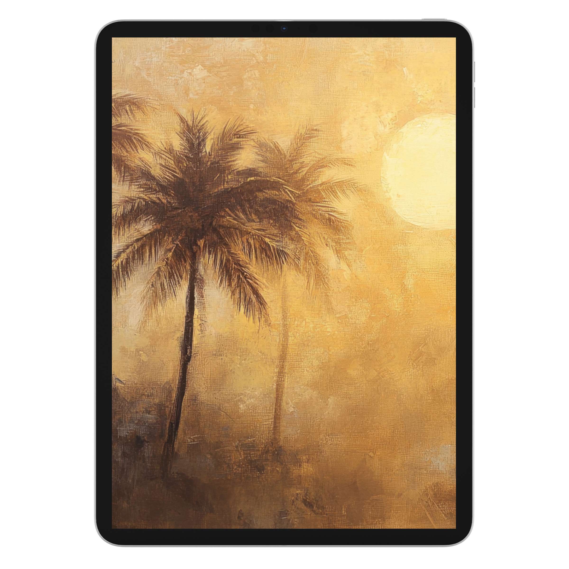 Sunlit palm trees on textured canvas create a serene summer iPad wallpaper background, ideal for digital download on any tablet