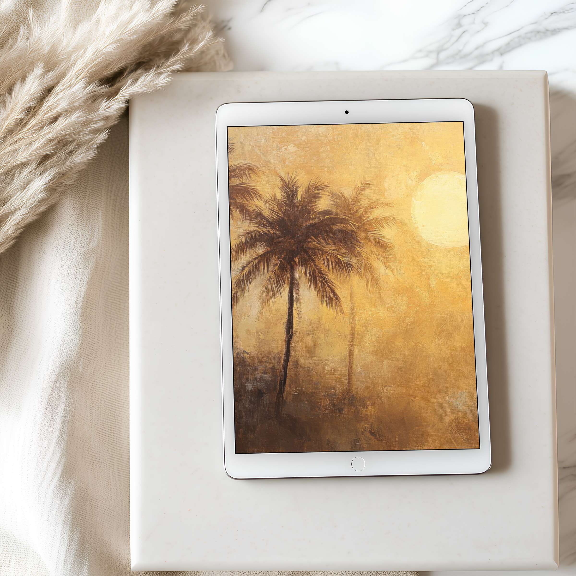 Elegant tablet wallpaper featuring a serene sunset with palm silhouettes, ideal for high-resolution iPad and Android tablet use, soothing and inspiring digital download