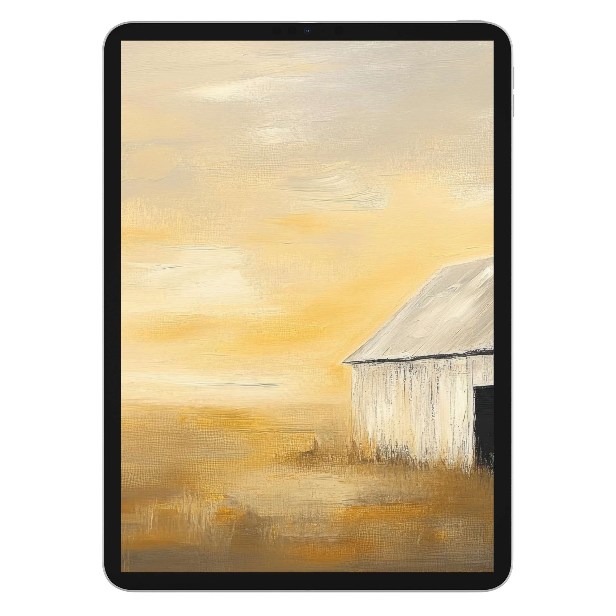 Summer iPad wallpaper featuring a serene rustic barn in golden hues, perfect digital download for a tranquil tablet background