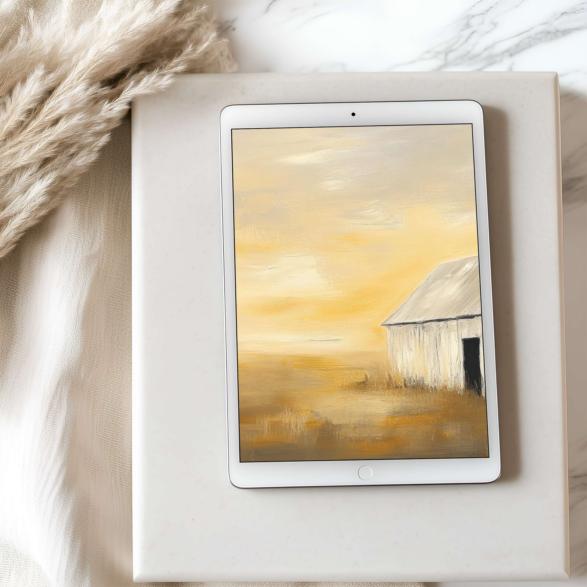 Warm-toned digital art tablet wallpaper featuring a tranquil barn scene, perfect for iPad or Android download in high resolution