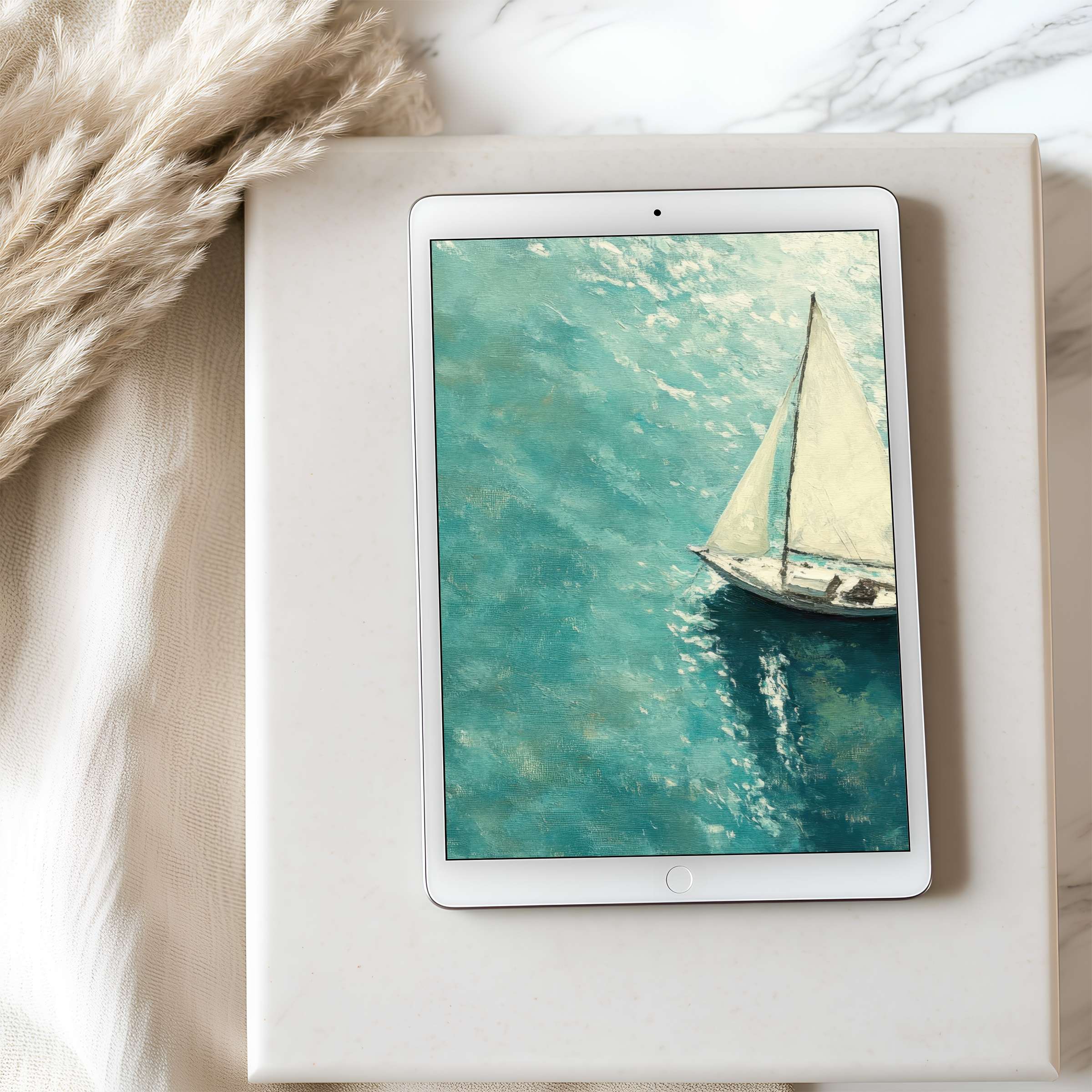 Elegant tablet wallpaper featuring a serene sailboat on turquoise waters perfect for iPad digital download and sustainable design