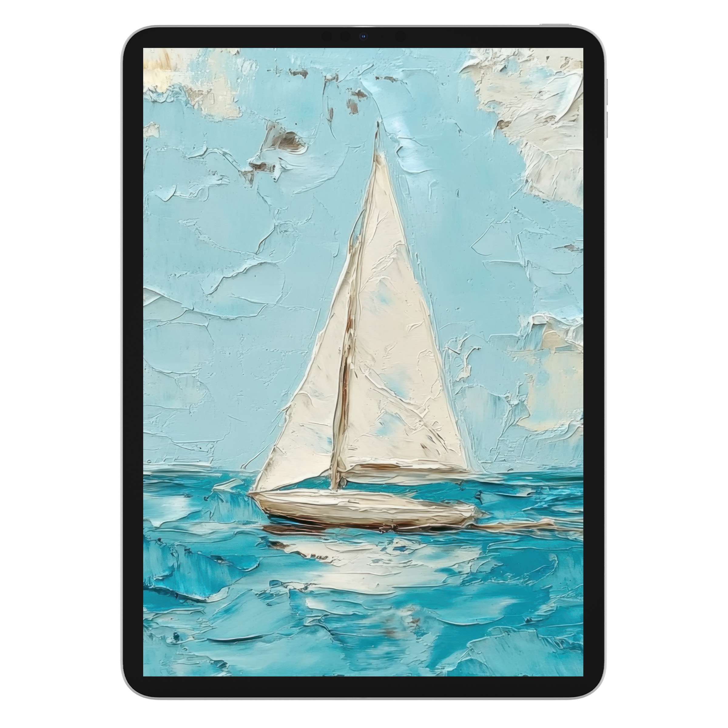 Elegant summer iPad wallpaper with serene sailboat oil painting for tablet background digital download perfect for tranquility seekers