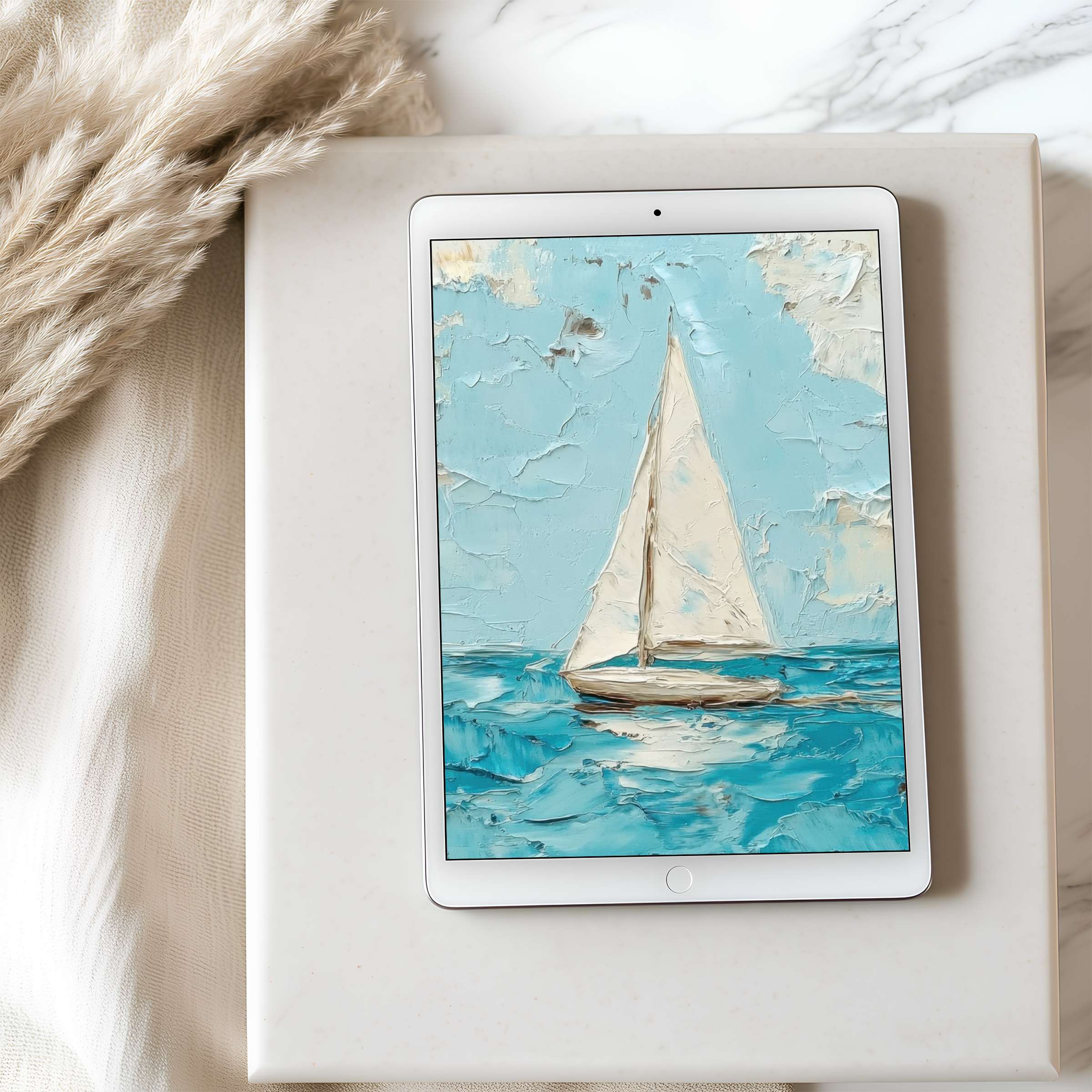 Elegant tablet wallpaper featuring a serene sailboat painting in soft blues, perfect for high resolution iPad or Android tablets, inspiring tranquility